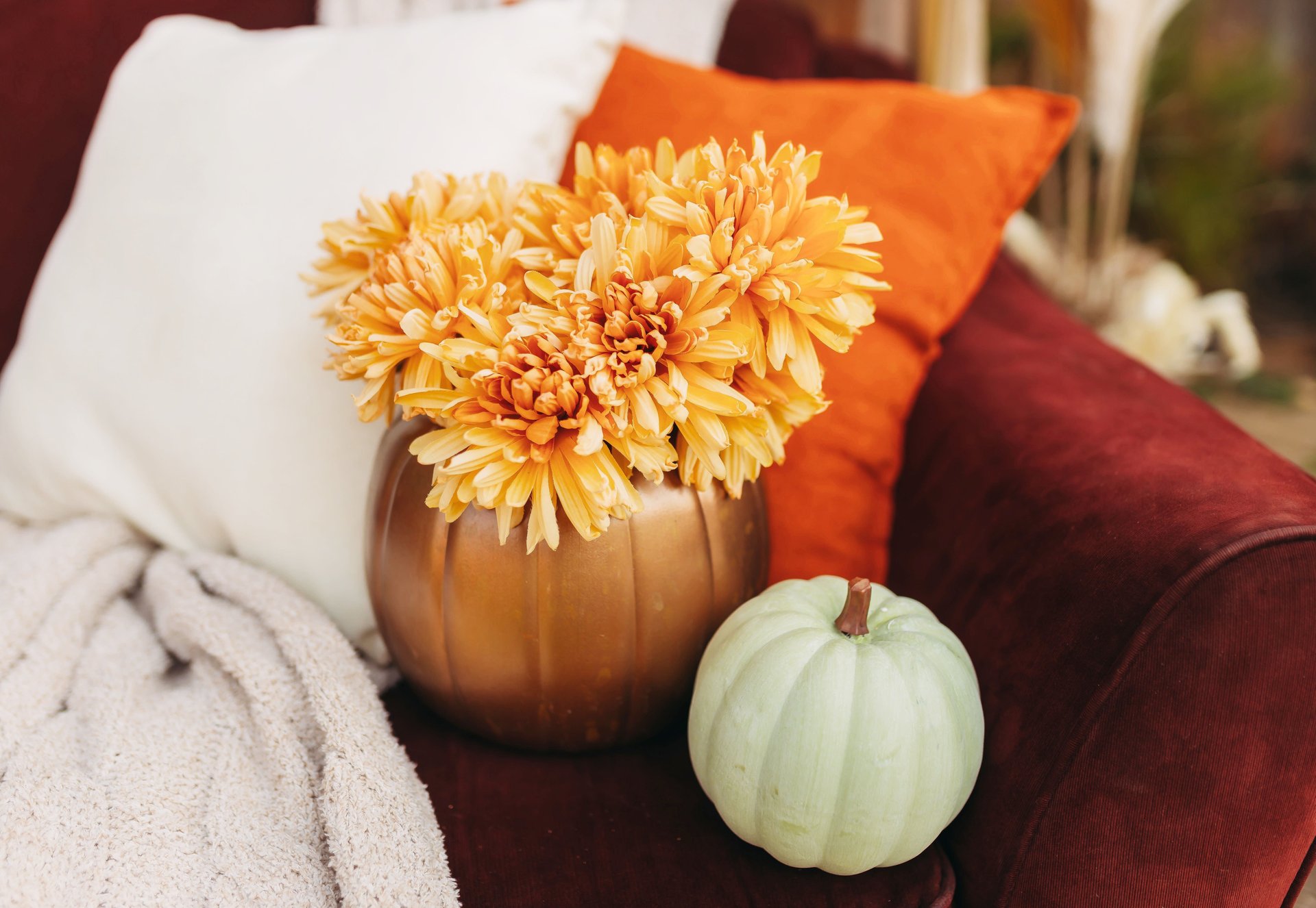 Golden flowers in a pumpkin-shaped vase beside a pale green pumpkin on a burgundy sofa.