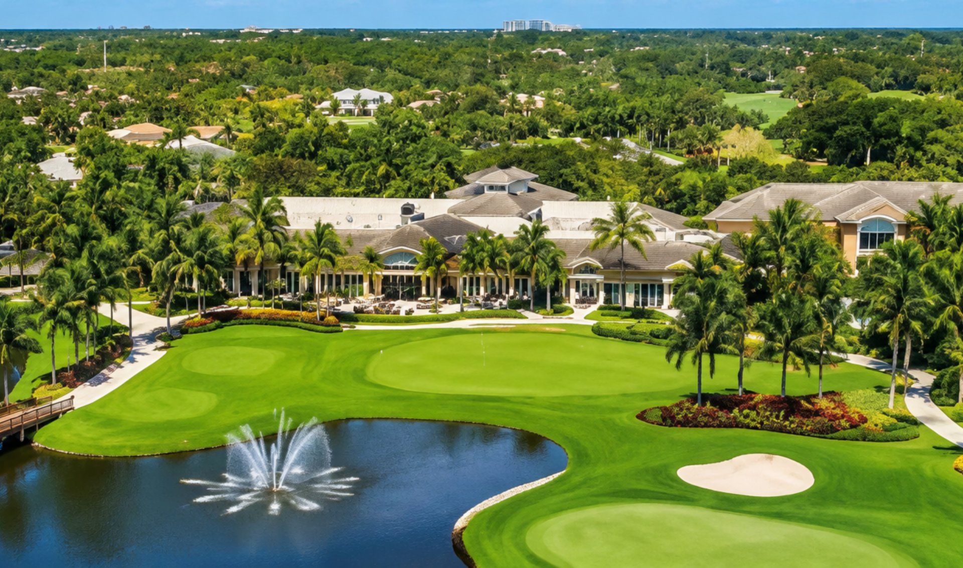 Country club clubhouse beside a manicured golf green and fountain pond, framed by palm trees.