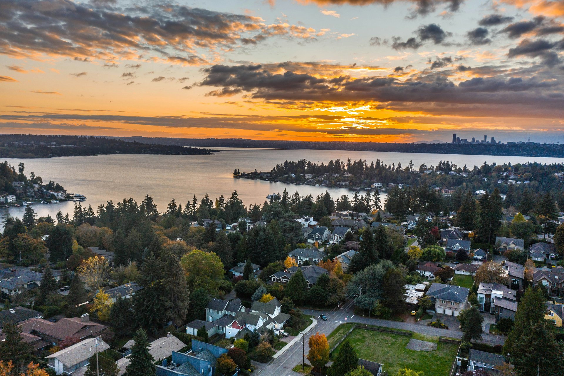 Bellevue, Washington &ndash; Skyline with Lake Washington and Cascade foothills