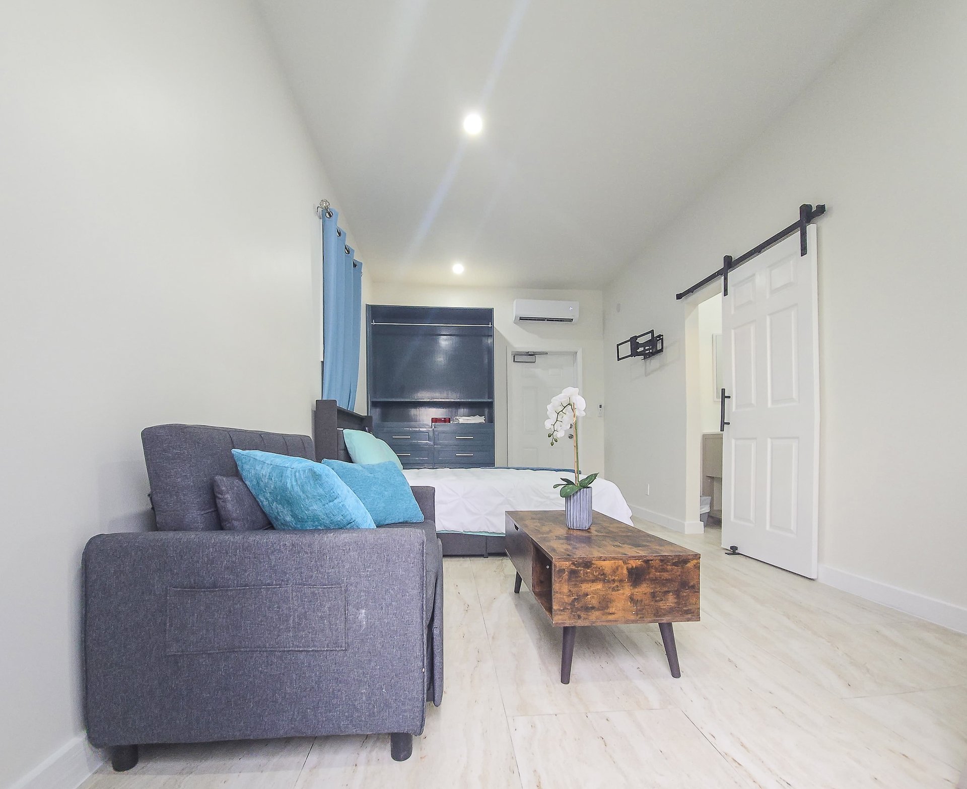 Furnished bedroom with a gray sofa, blue pillows, wooden coffee table, and sliding barn-style door.
