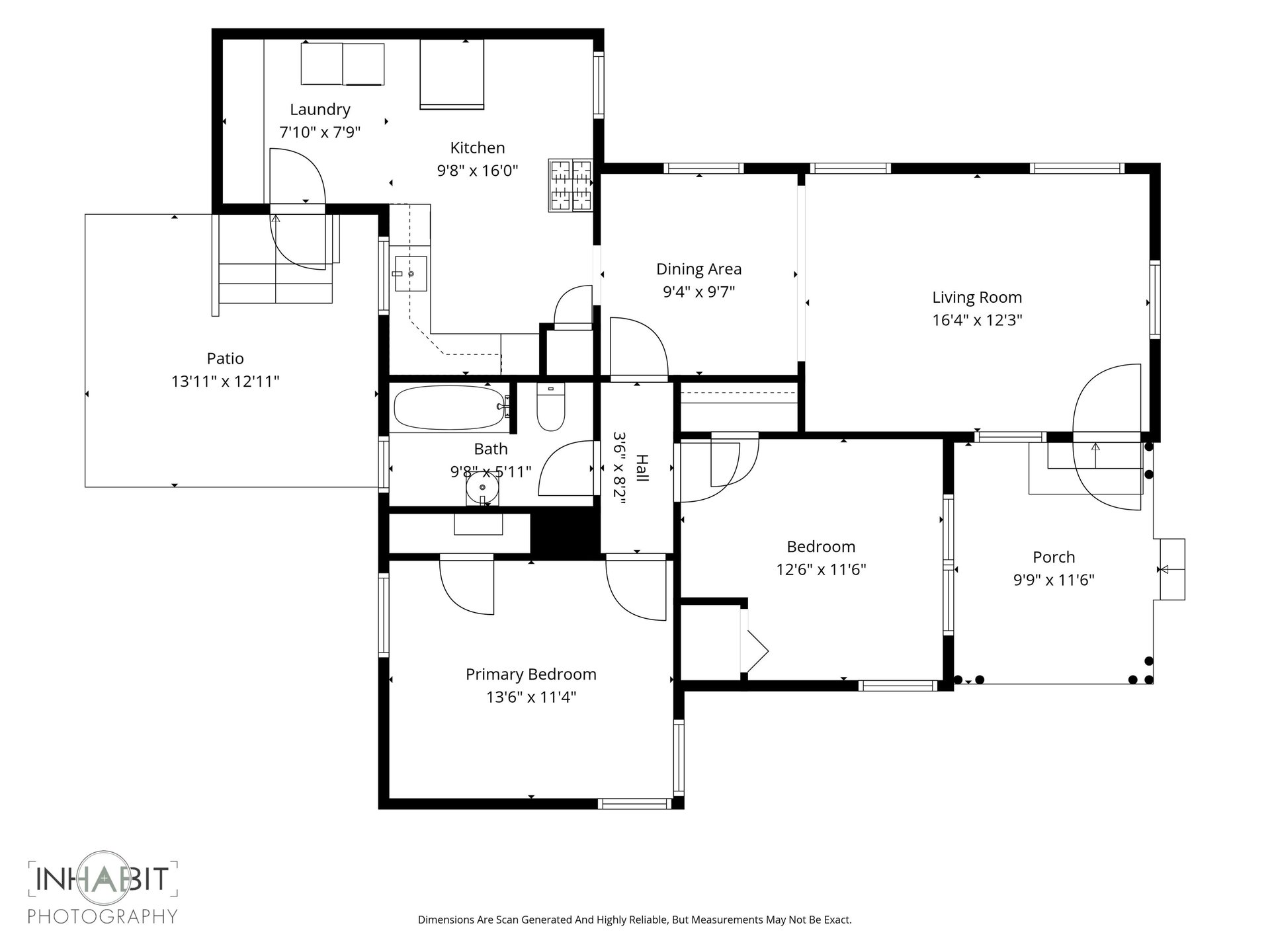 Floor plan showing two bedrooms, a bathroom, kitchen, living and dining areas, patio, and porch.
