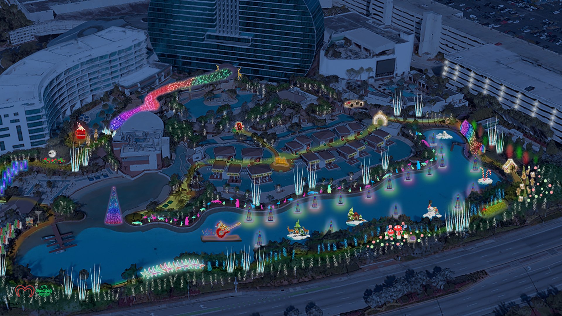 Aerial view of Hard Rock The Holidays massive illuminated Christmas light display at Seminole Hard Rock Hotel and Casino Hollywood featured by The Edit Real Estate