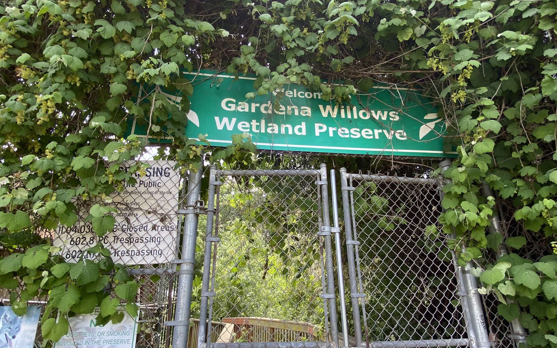 Gardena Willows Wetland Preserve entrance gate, photographed June 2023