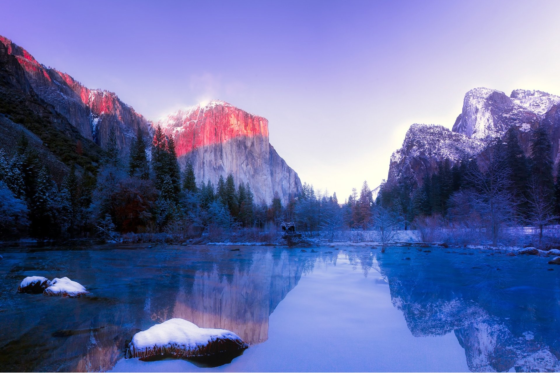 Snow-covered Yosemite Valley cliffs glow pink above the Merced River, which reflects the winter landscape.