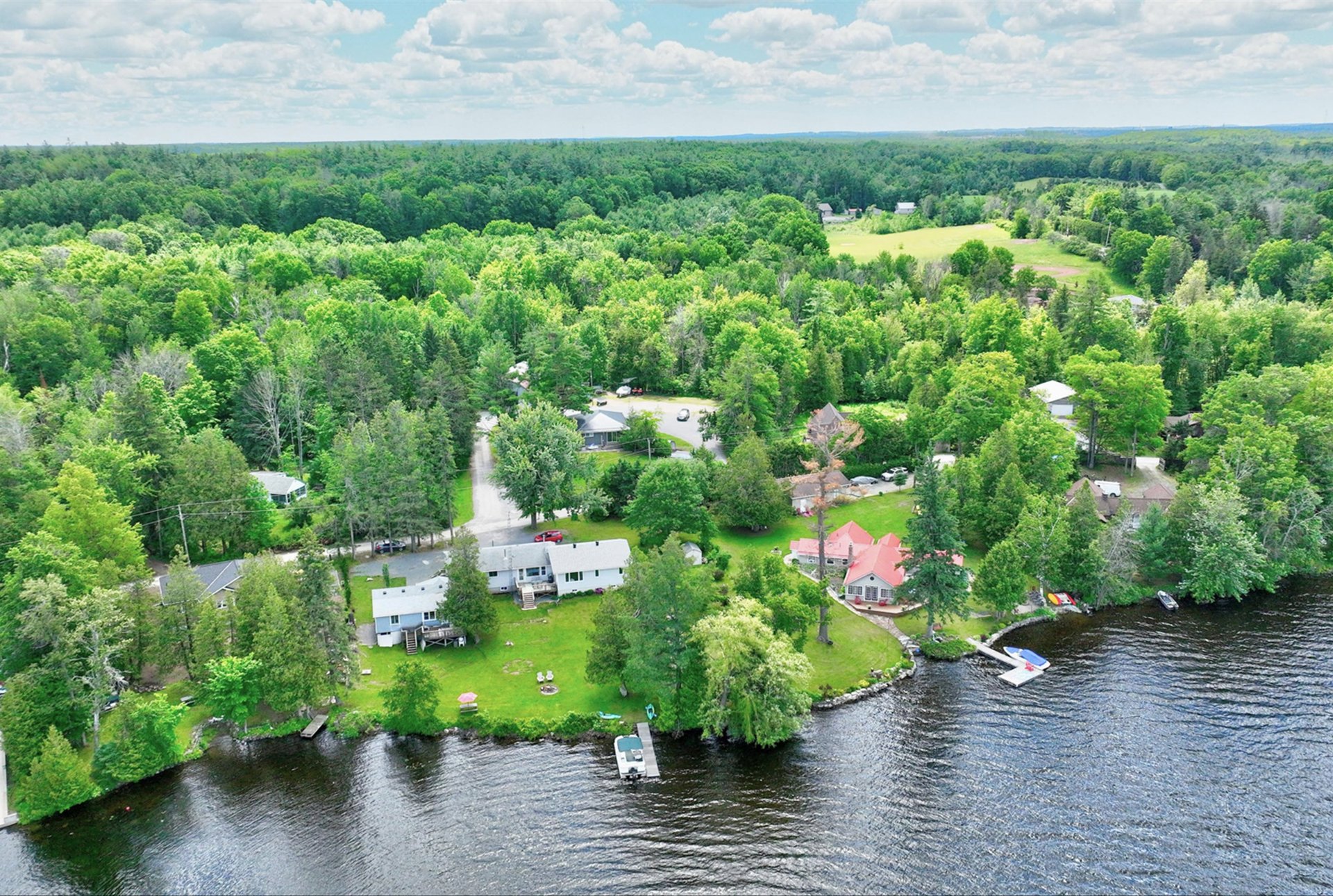 Aerial view of wooded waterfront homes with docks along a lake.