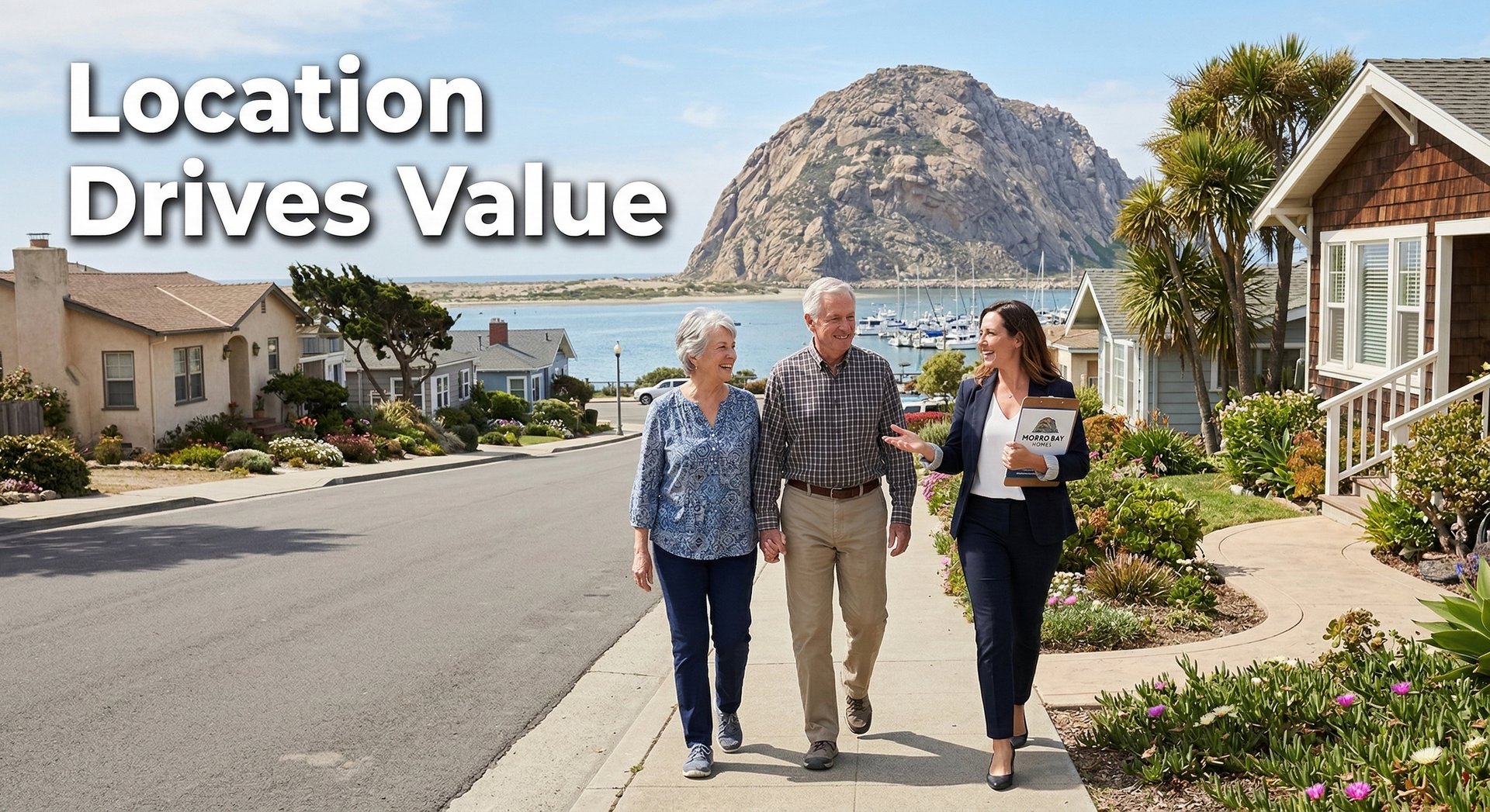 Homebuyers discussing neighborhood options and property values with a real estate professional on the Central Coast