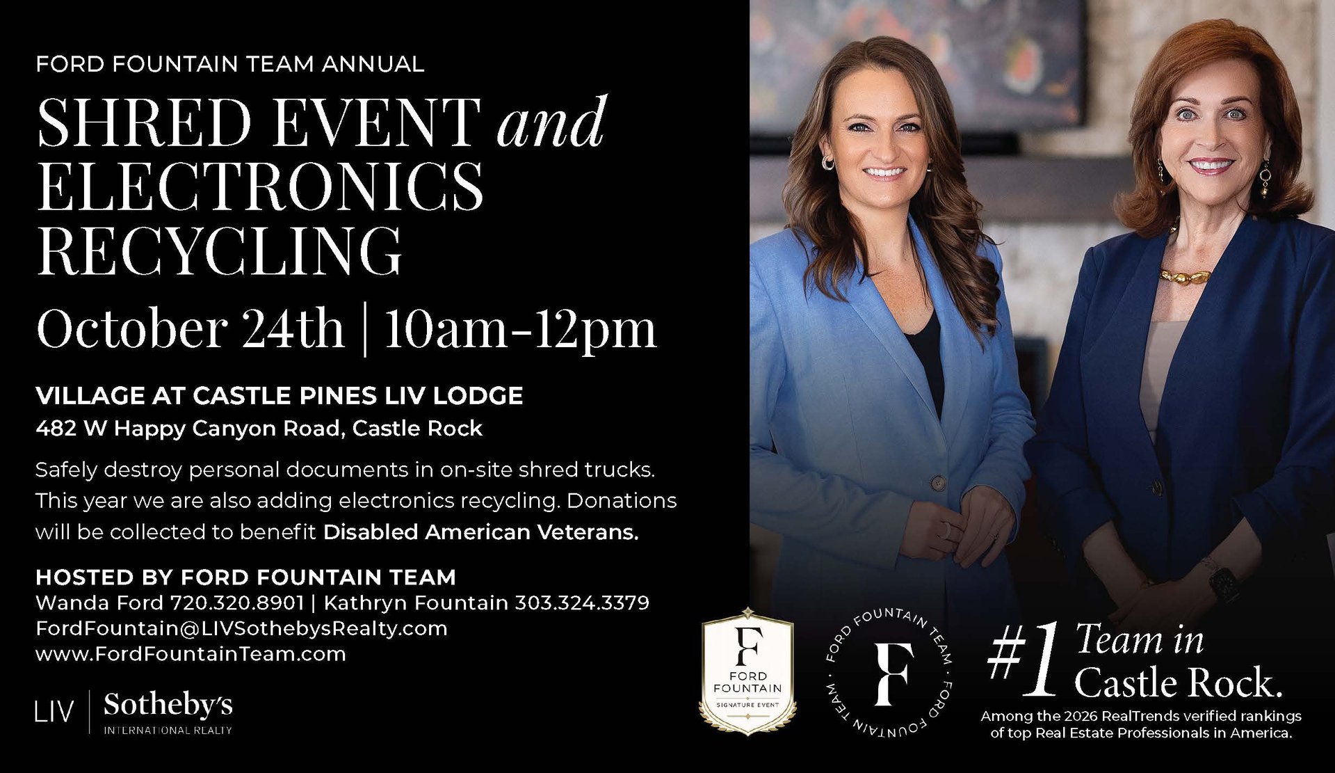 Flyer for the Ford Fountain Team shred and electronics recycling event on October 24, featuring two women.