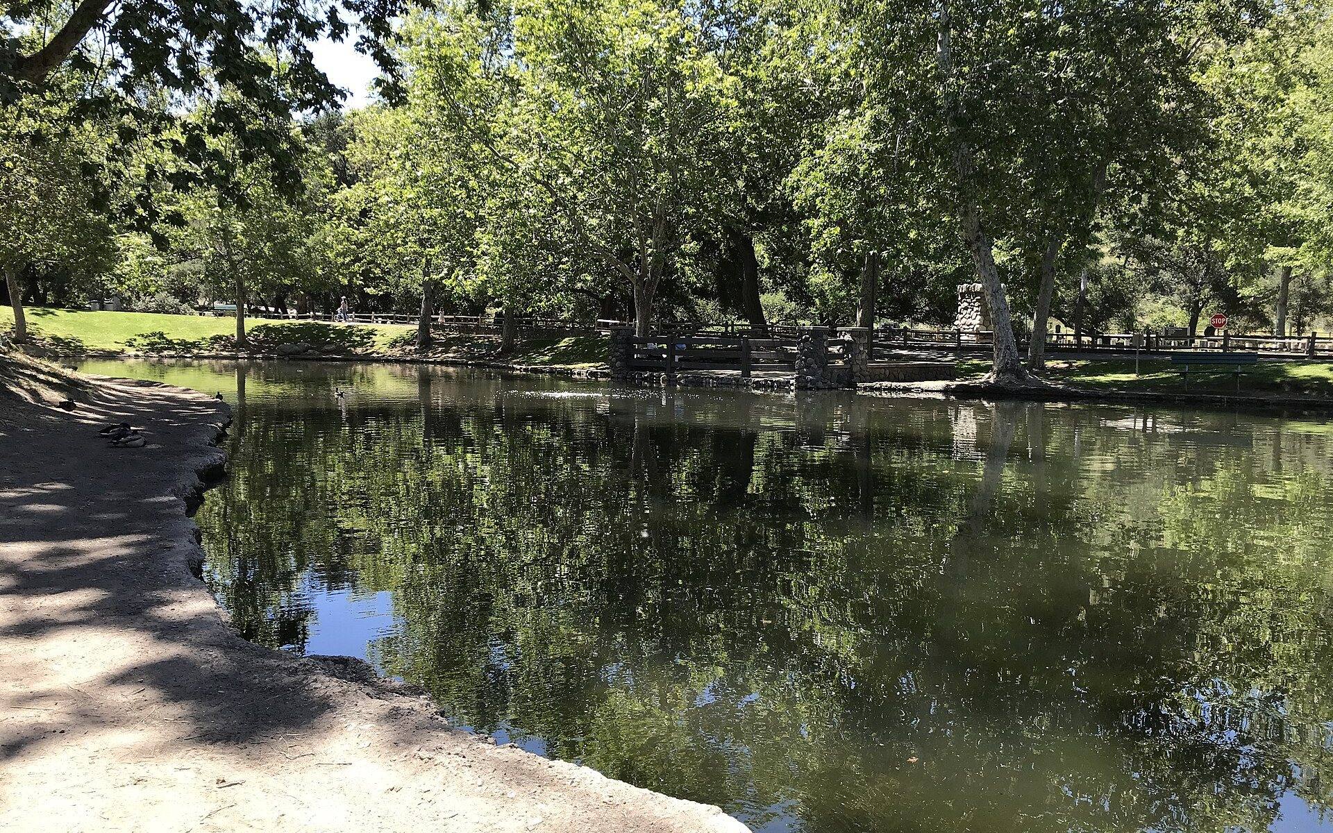 Pond and shade trees at nearby Irvine Regional Park in Orange