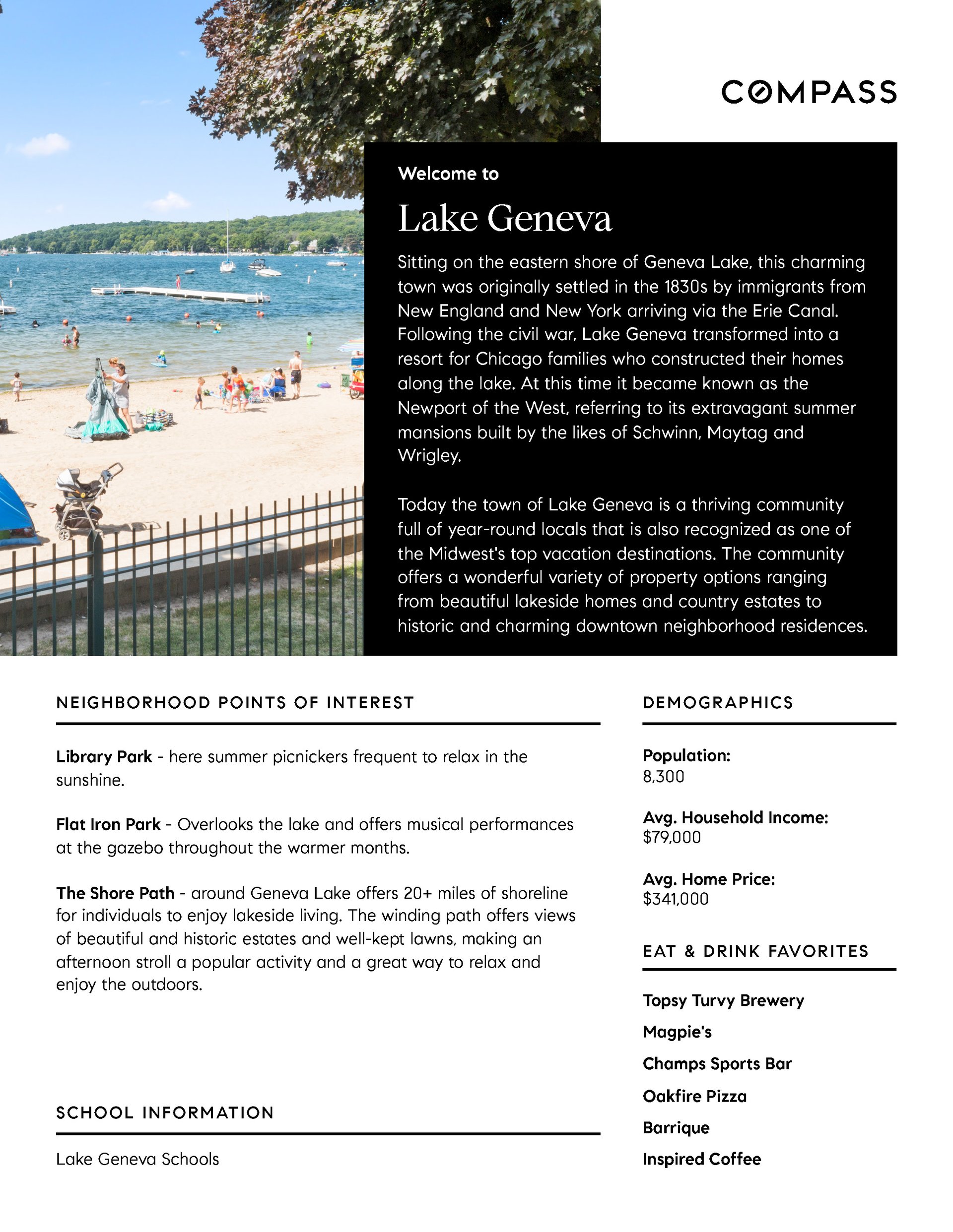 Lake Geneva neighborhood guide with a summer beach photo, local points of interest, demographics, dining, and school information.