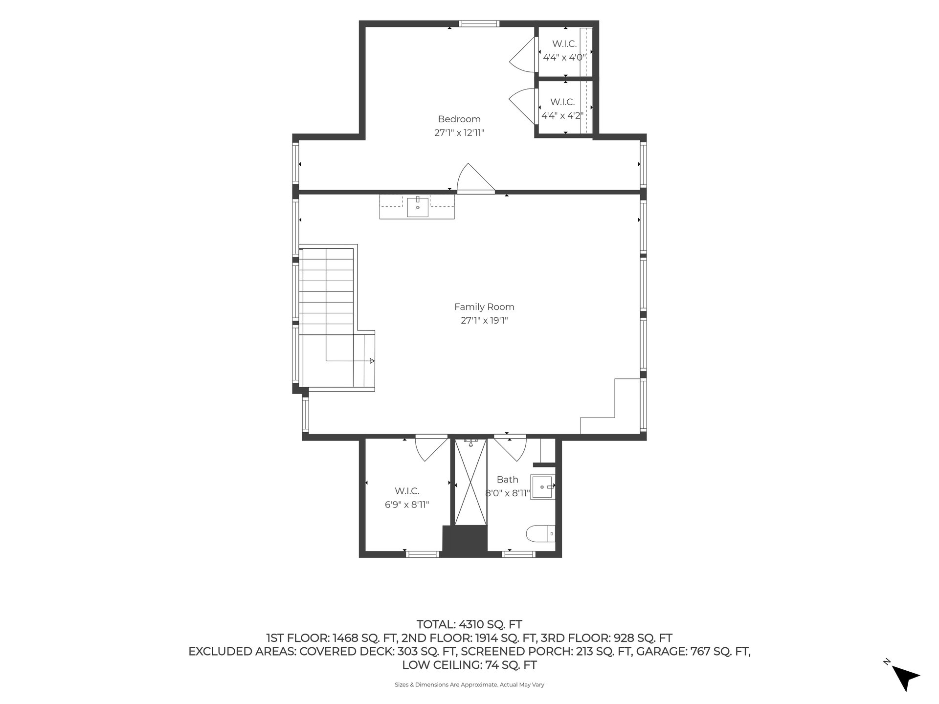 Floor plan with a large family room, bedroom, walk-in closets, bath, and total area of 4,310 square feet.