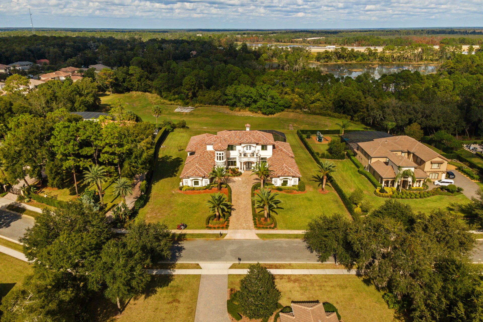 Aerial view of a Mediterranean-style home with a terracotta roof, palm-lined driveway, and wooded pond beyond.