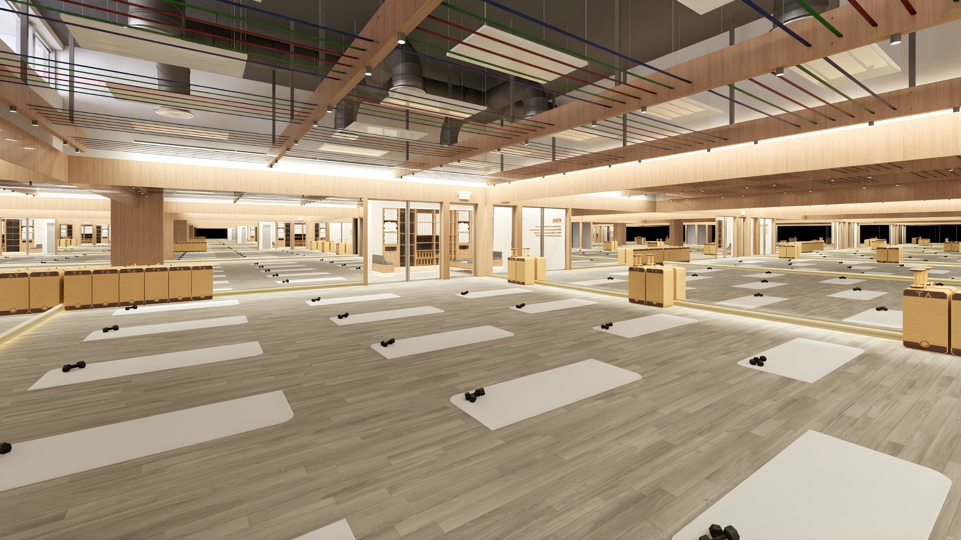 Expansive Miami yoga studio with white mats, wooden ceiling design, and floor-to-ceiling windows - The Edit Real Estate wellness spots