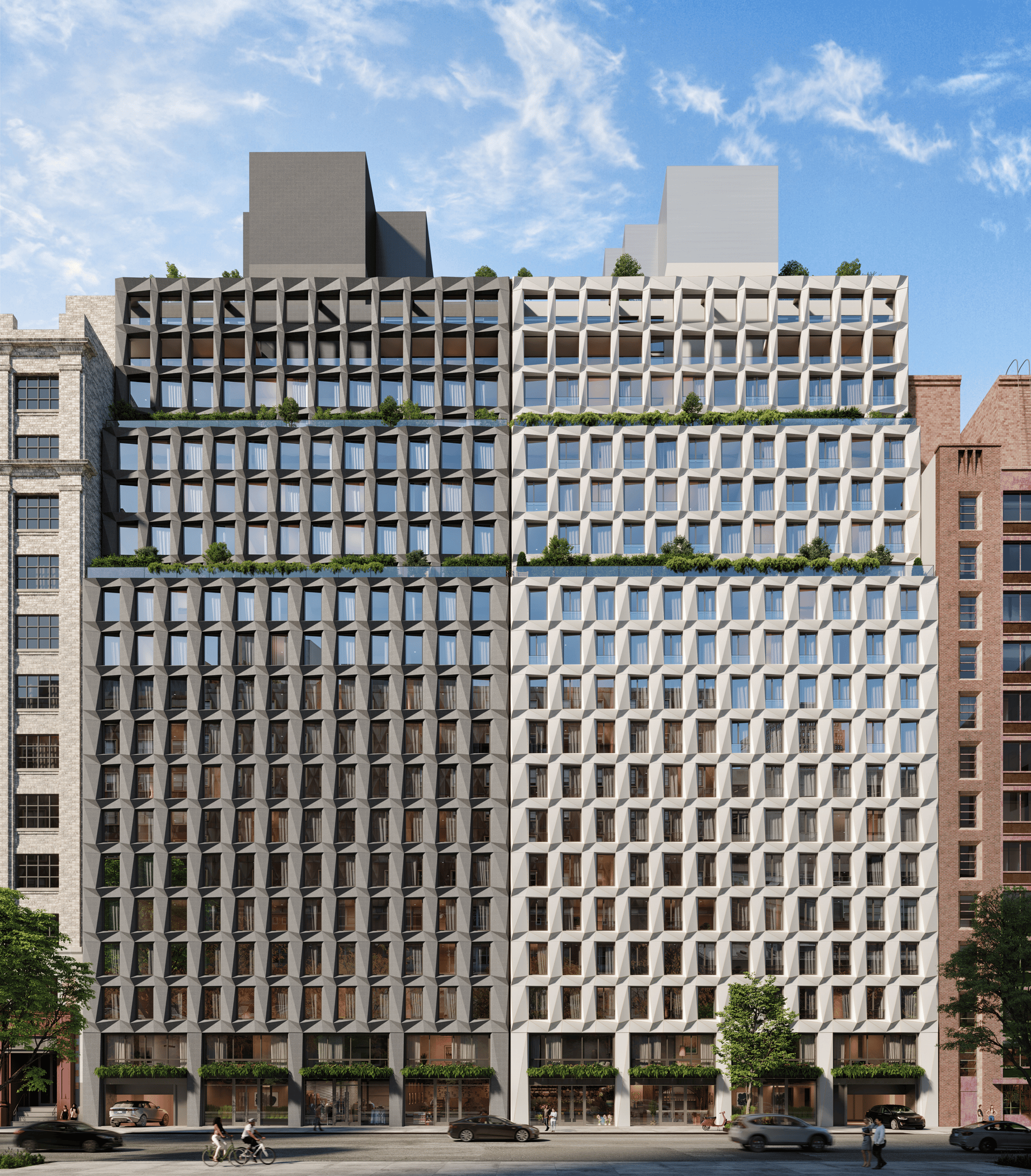 Maverick residential building with a geometric facade and planted terraces, shown on a city street.