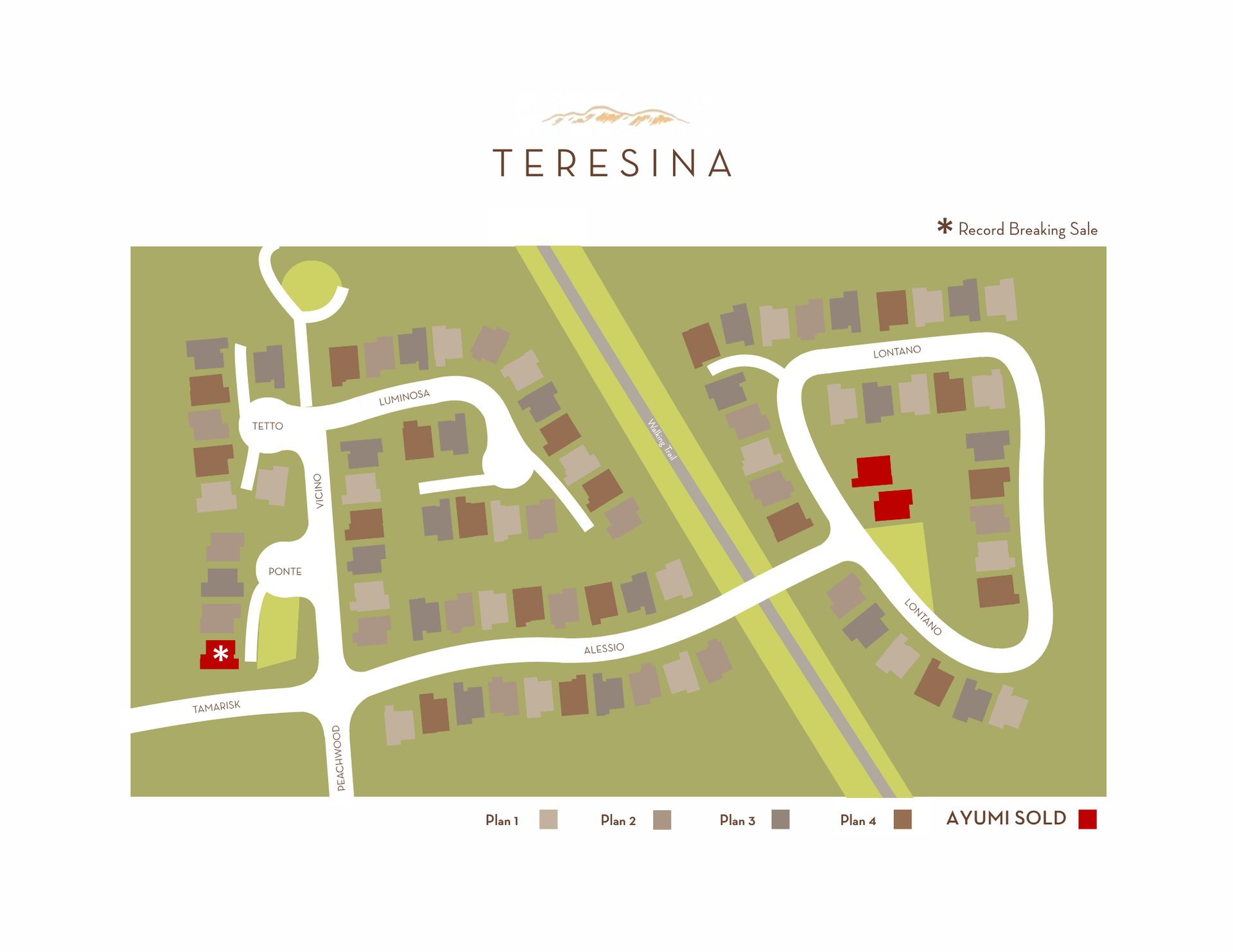 Teresina neighborhood map with streets, a walking trail, and sold homes marked in red.