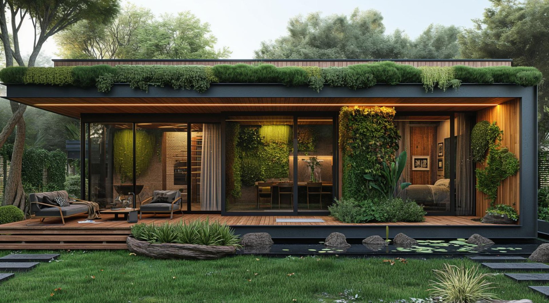 Modern eco-friendly house with green roof