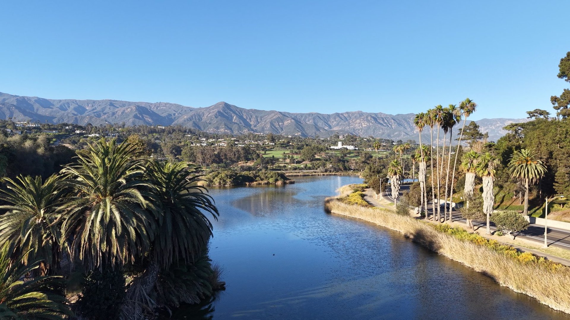 The Andree Clark Bird Refuge lagoon with palm trees and the Santa Ynez Mountains in Santa Barbara
