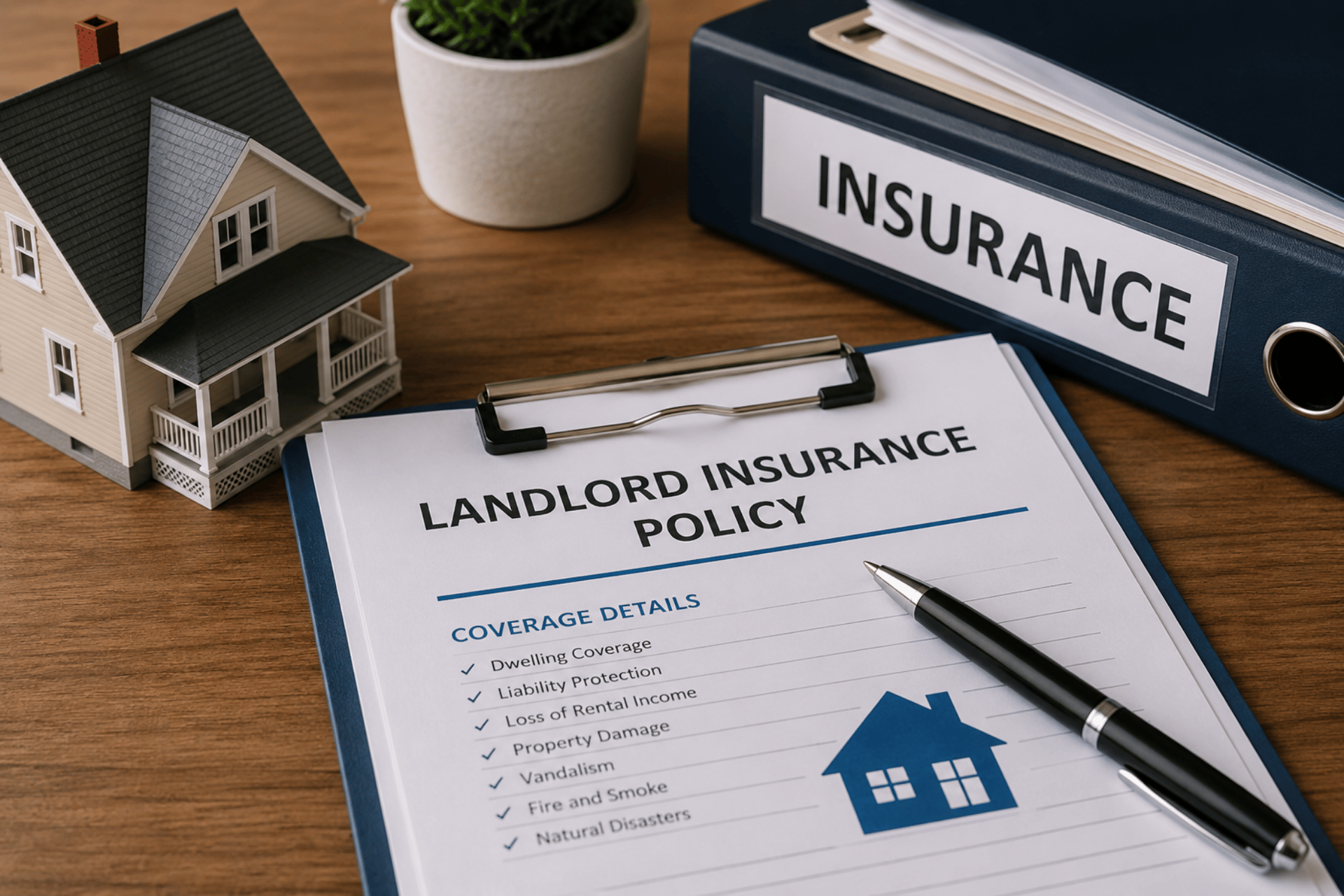 Close-up of a landlord insurance policy document with coverage details, a pen, a miniature house model, and an insurance binder on a wooden table