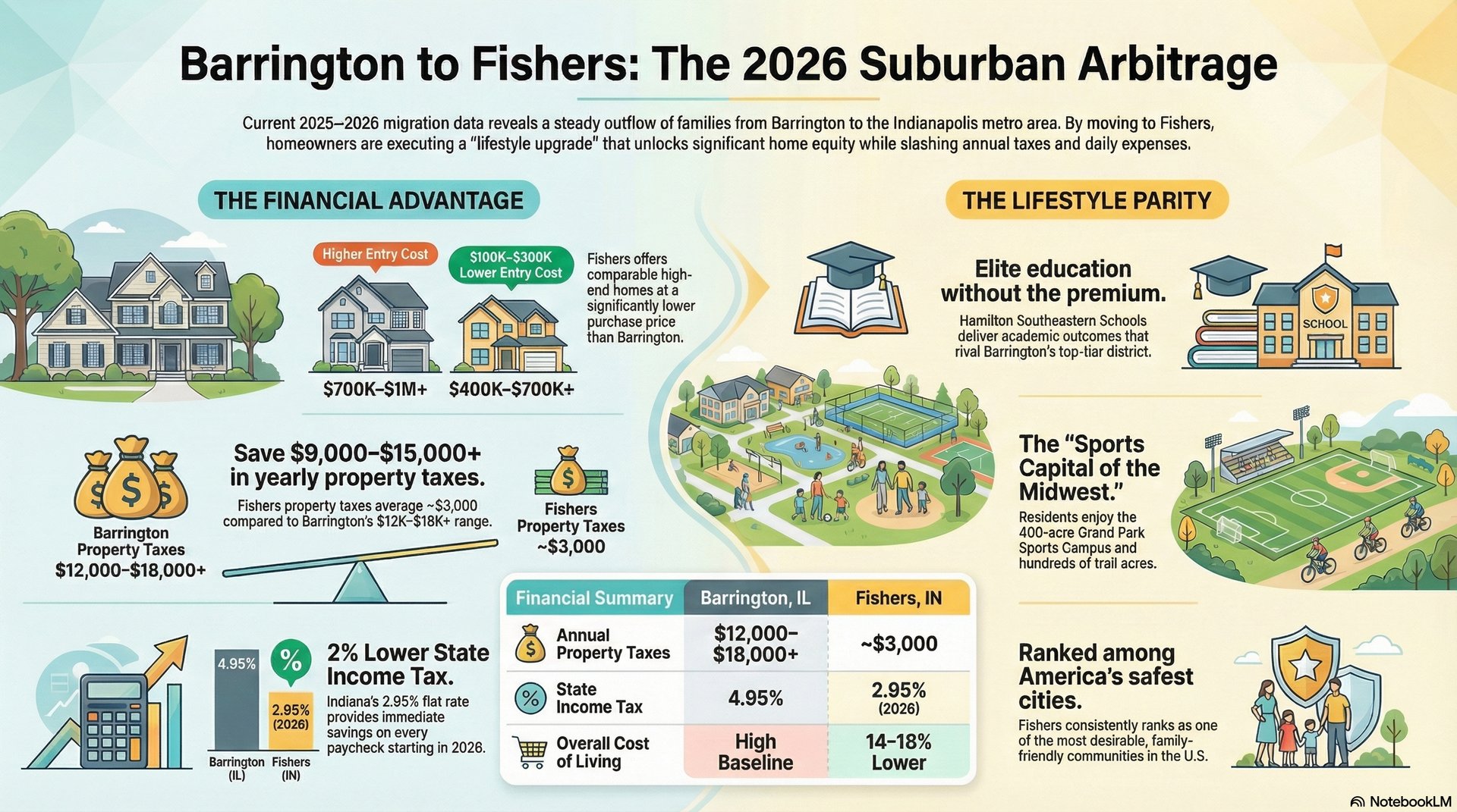 Barrington to Fishers 2026 Arbitrage Report: Side-by-side comparison showing $100K&ndash;$300K lower purchase price, $9K&ndash;$15K+ annual tax savings, elite Hamilton Southeastern Schools, and lifestyle upgrade from Barrington Illinois to Fishers Indiana
