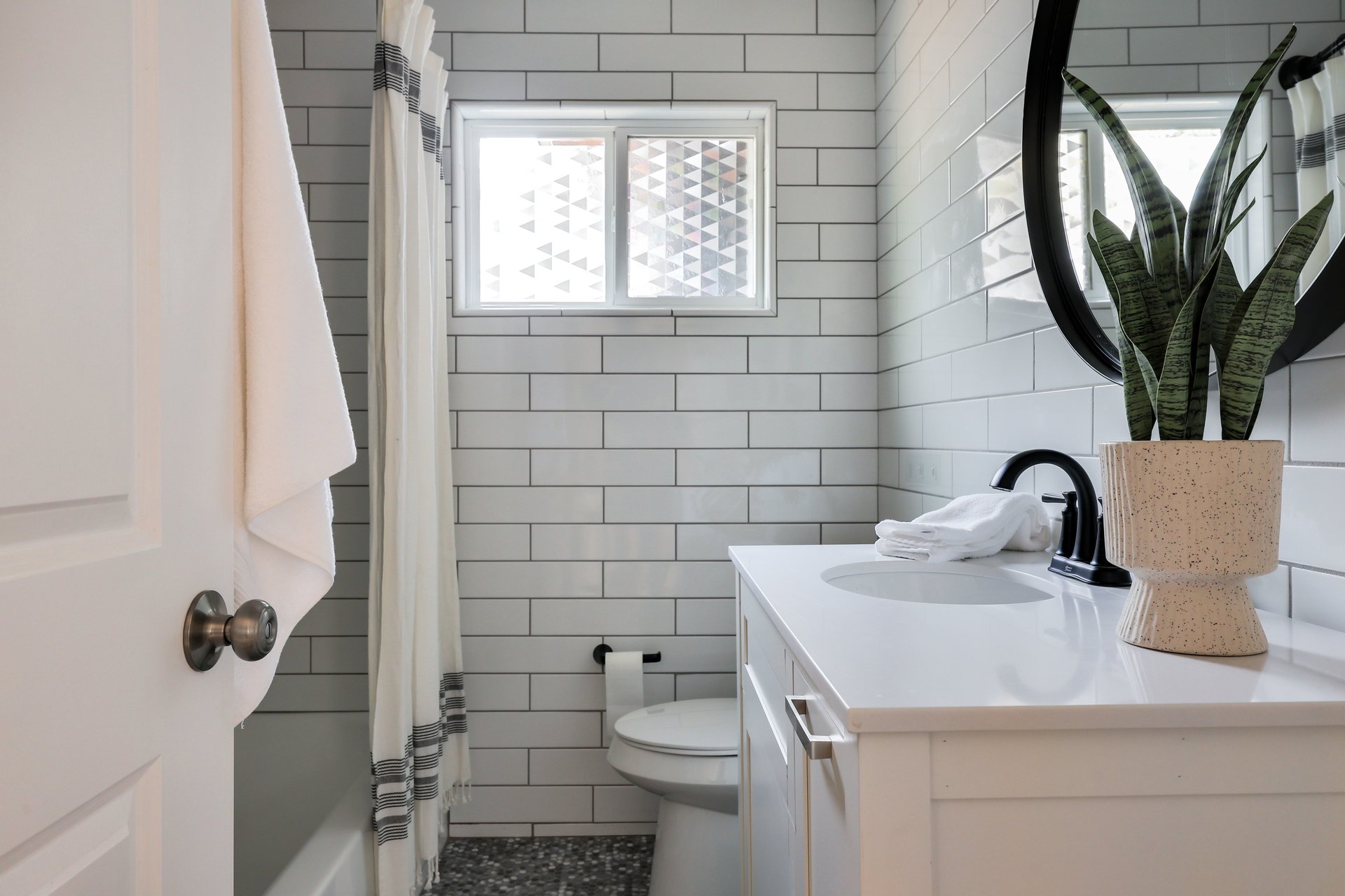 Bathroom with white subway tile, a glass shower, and a vanity topped with a potted snake plant.