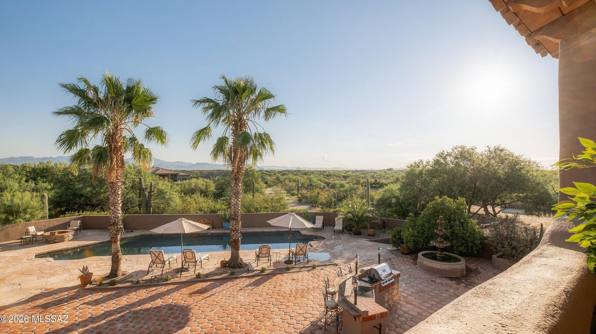 Backyard pool and stone patio with palm trees overlooking desert and distant mountains.