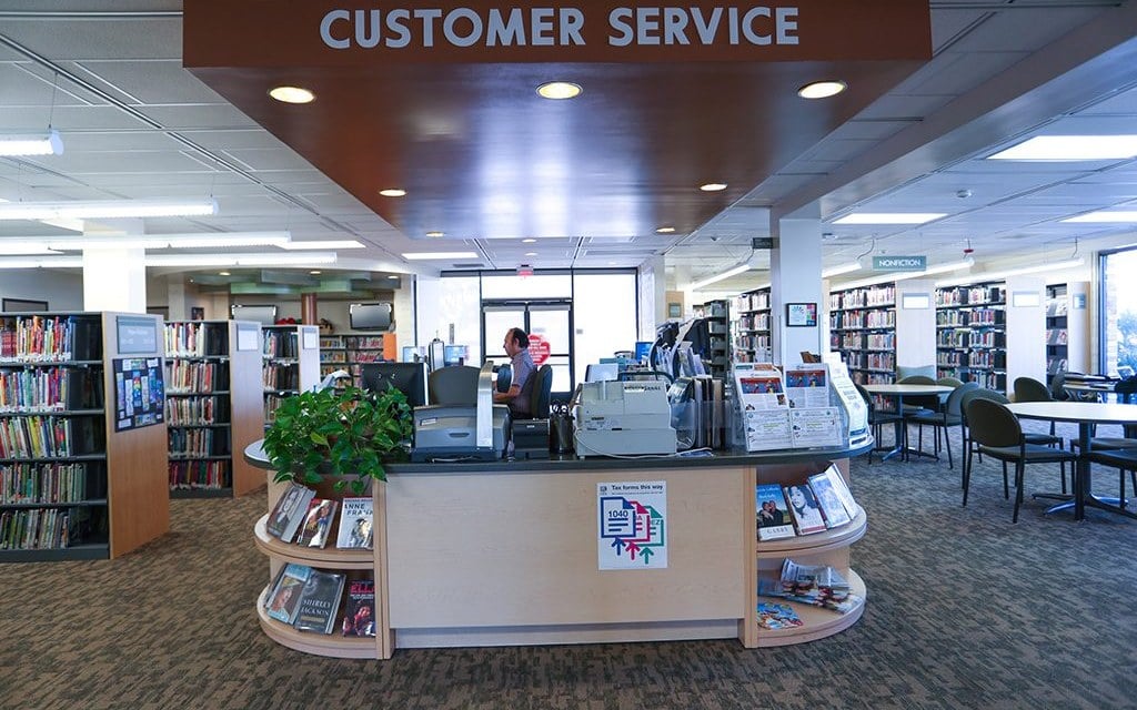 Interior of Hawaiian Gardens Library photographed in February 2024