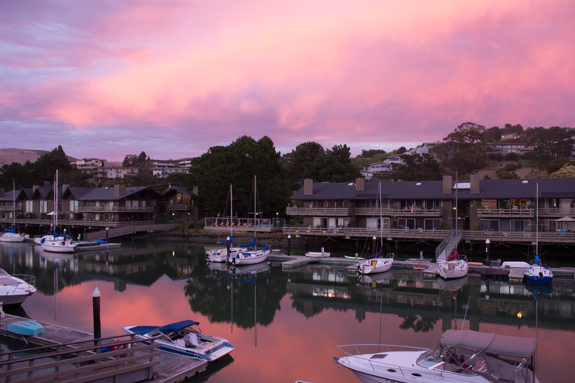 Tiburon waterfront with sailboats and pink sunset sky