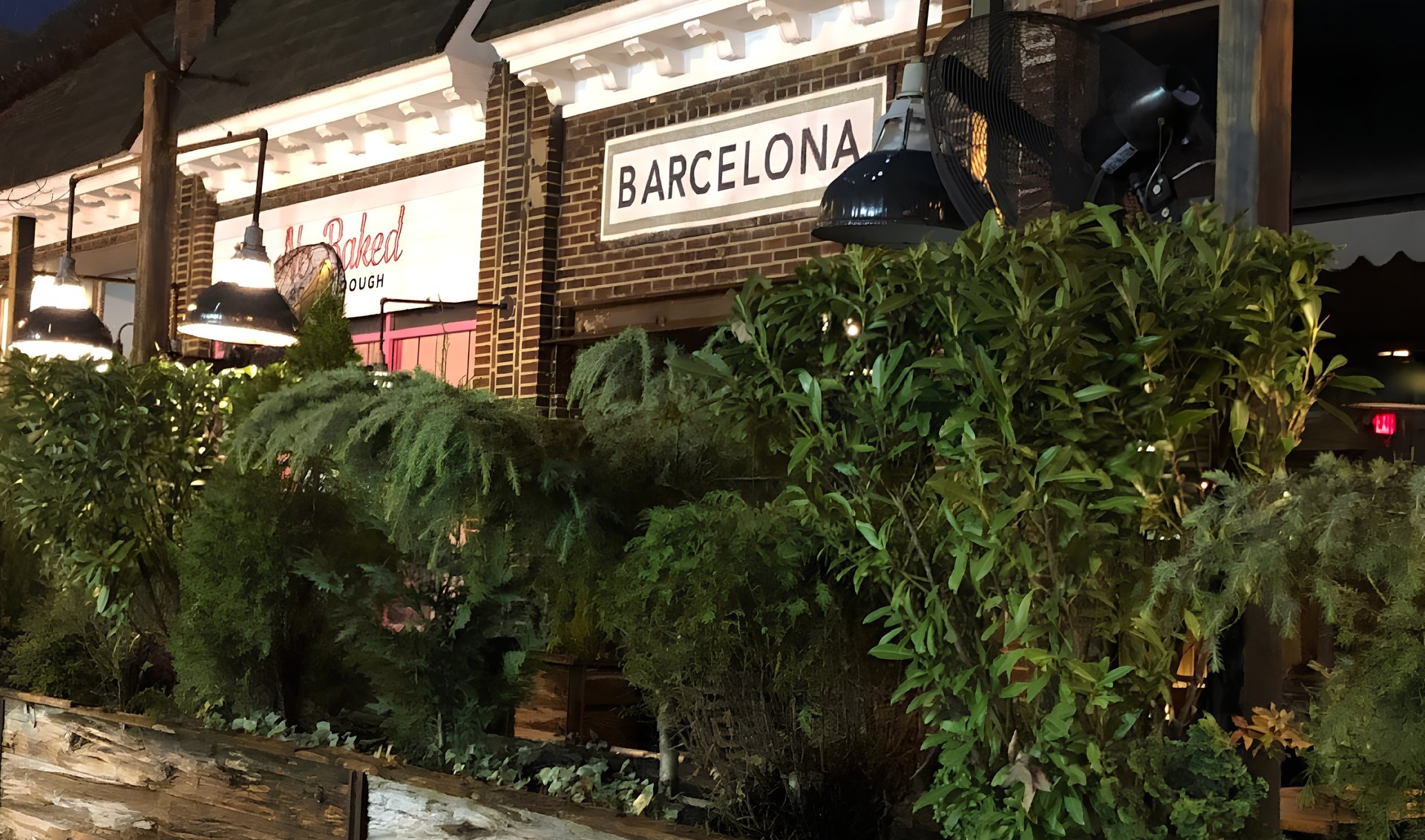 Barcelona restaurant sign above dense greenery at night.