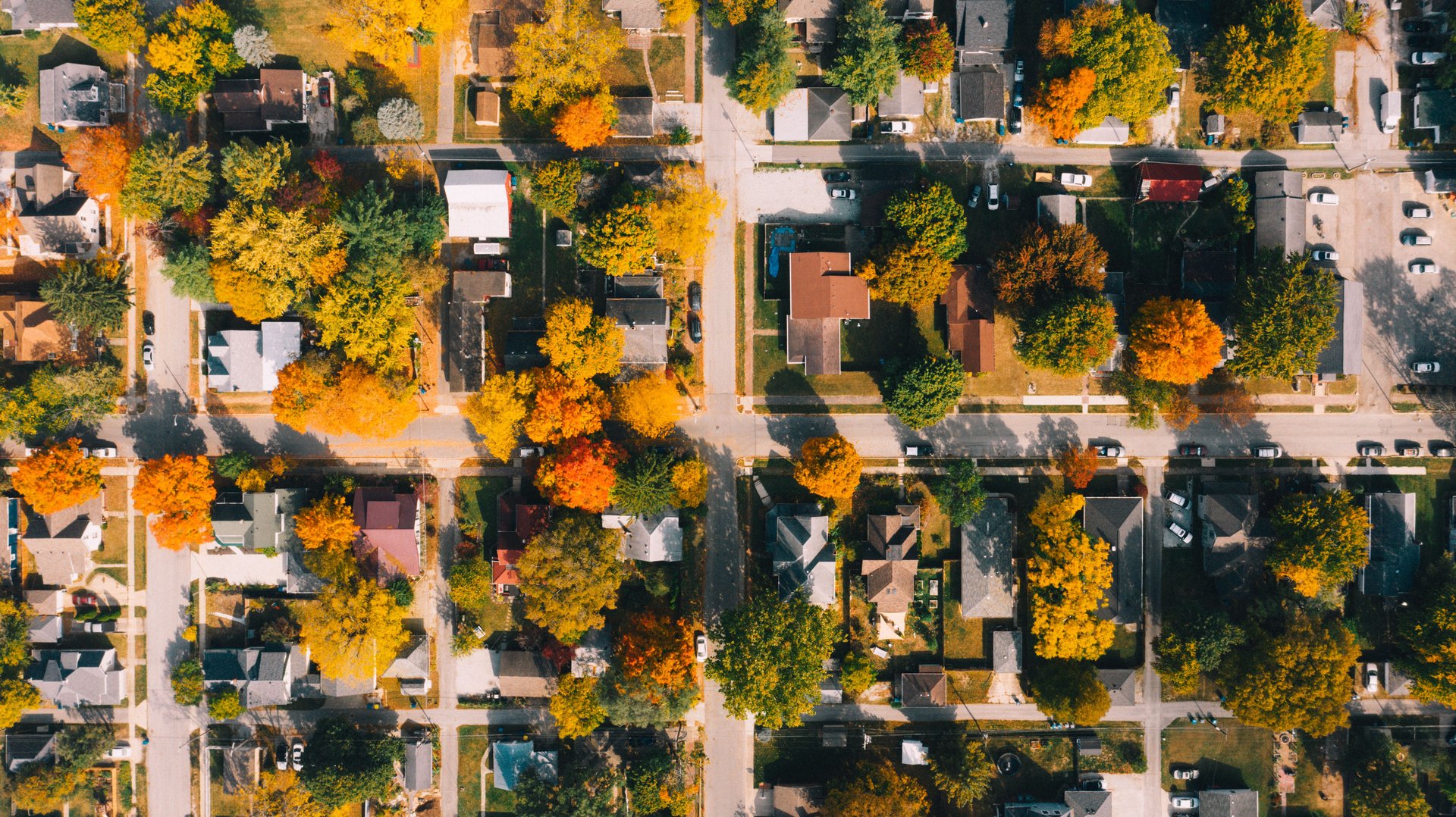 an aerial view of residential house roof and autumn trees between road ways