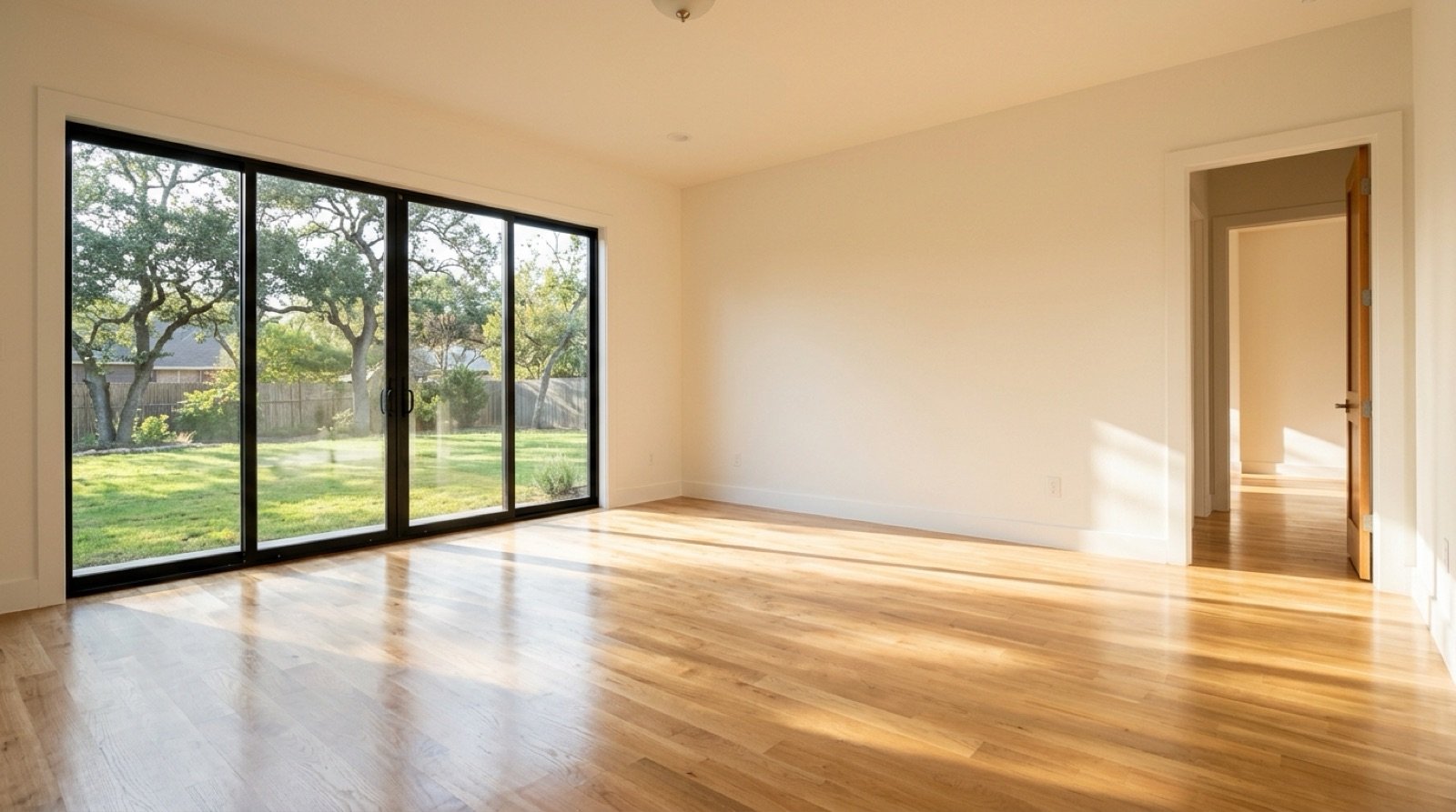 An empty sunlit living room in a vacated Central Texas home, ready for the final walk-through