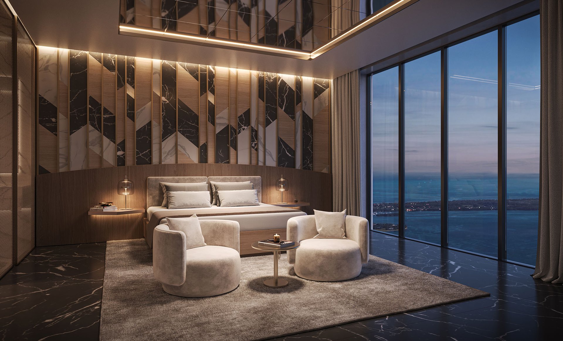 Luxury bedroom with geometric marble-and-wood walls and floor-to-ceiling windows overlooking the water.