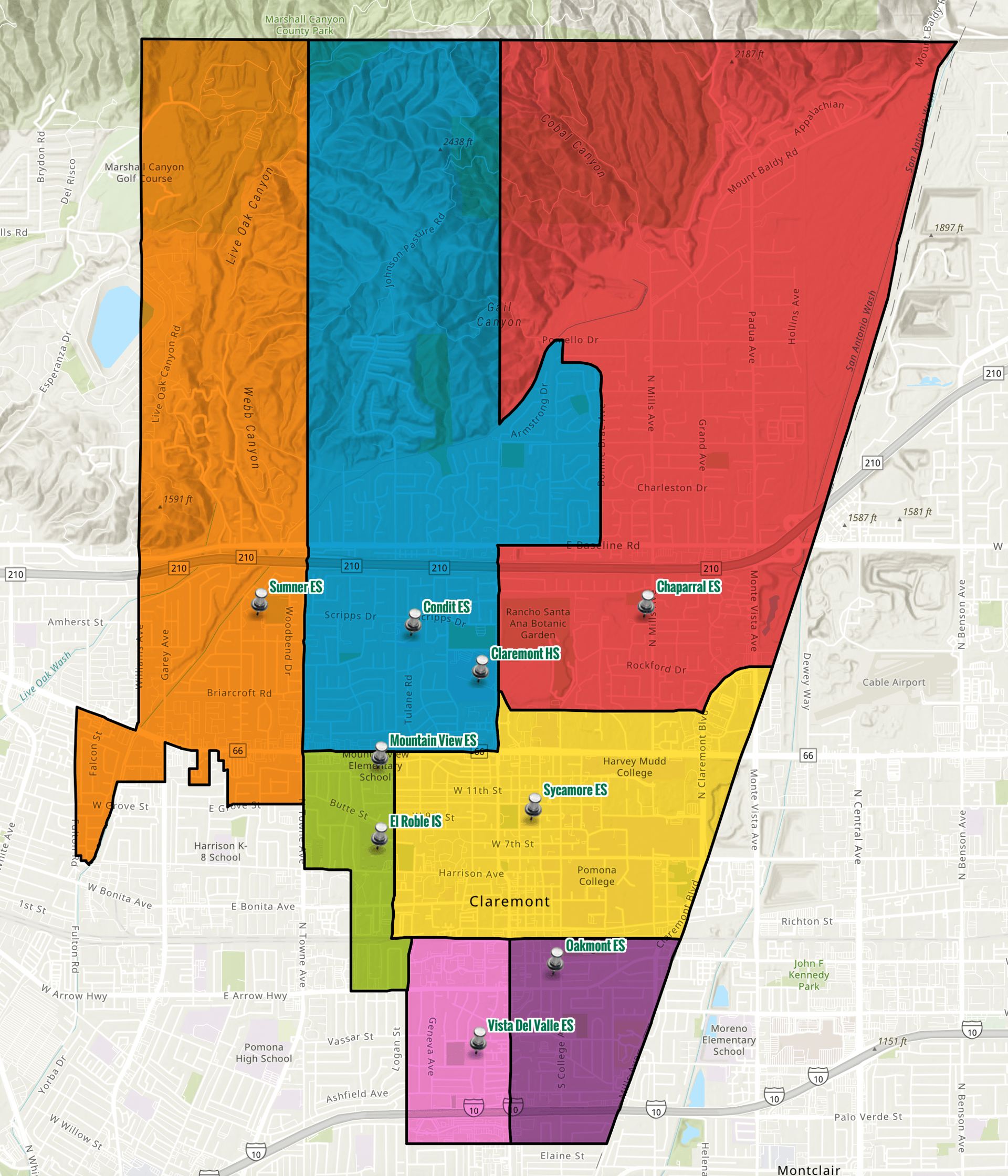 Map of Claremont school boundaries, with color-coded zones and pins marking schools.