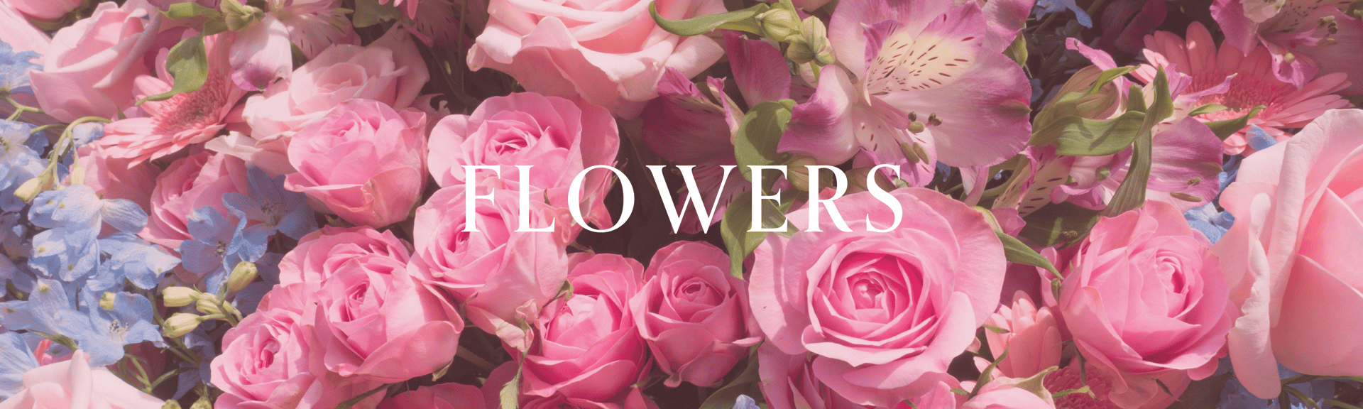 A vibrant arrangement of pink roses and blue flowers with the word "FLOWERS" prominently displayed in the center.