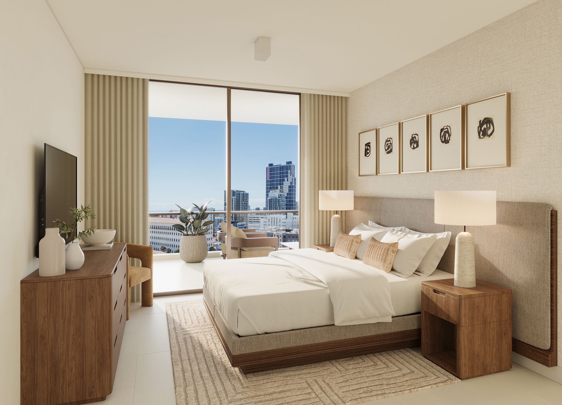 Staged condo bedroom with a king-size bed and large windows overlooking city buildings.