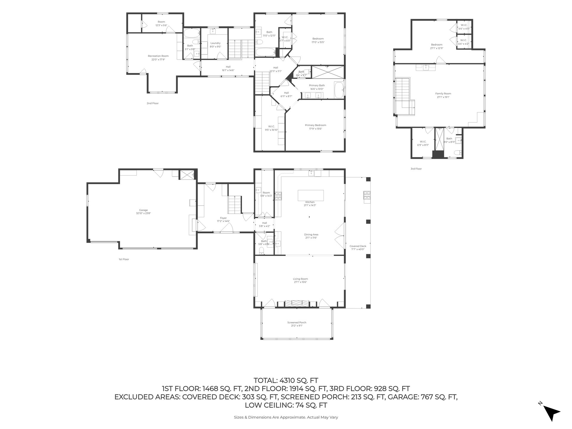 Three-level floor plan with labeled rooms, garage, covered deck, and screened porch; total area 4,310 square feet.