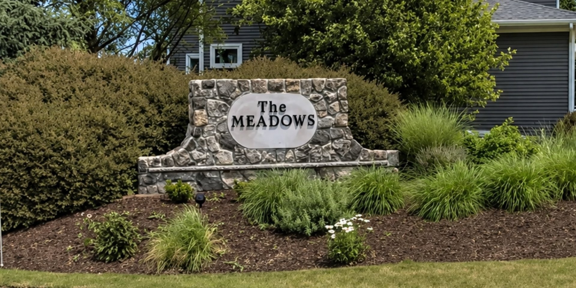 Stone entrance sign for The Meadows, an executive established neighborhood in Okemos, Michigan, surrounded by ornamental grasses and shrubs