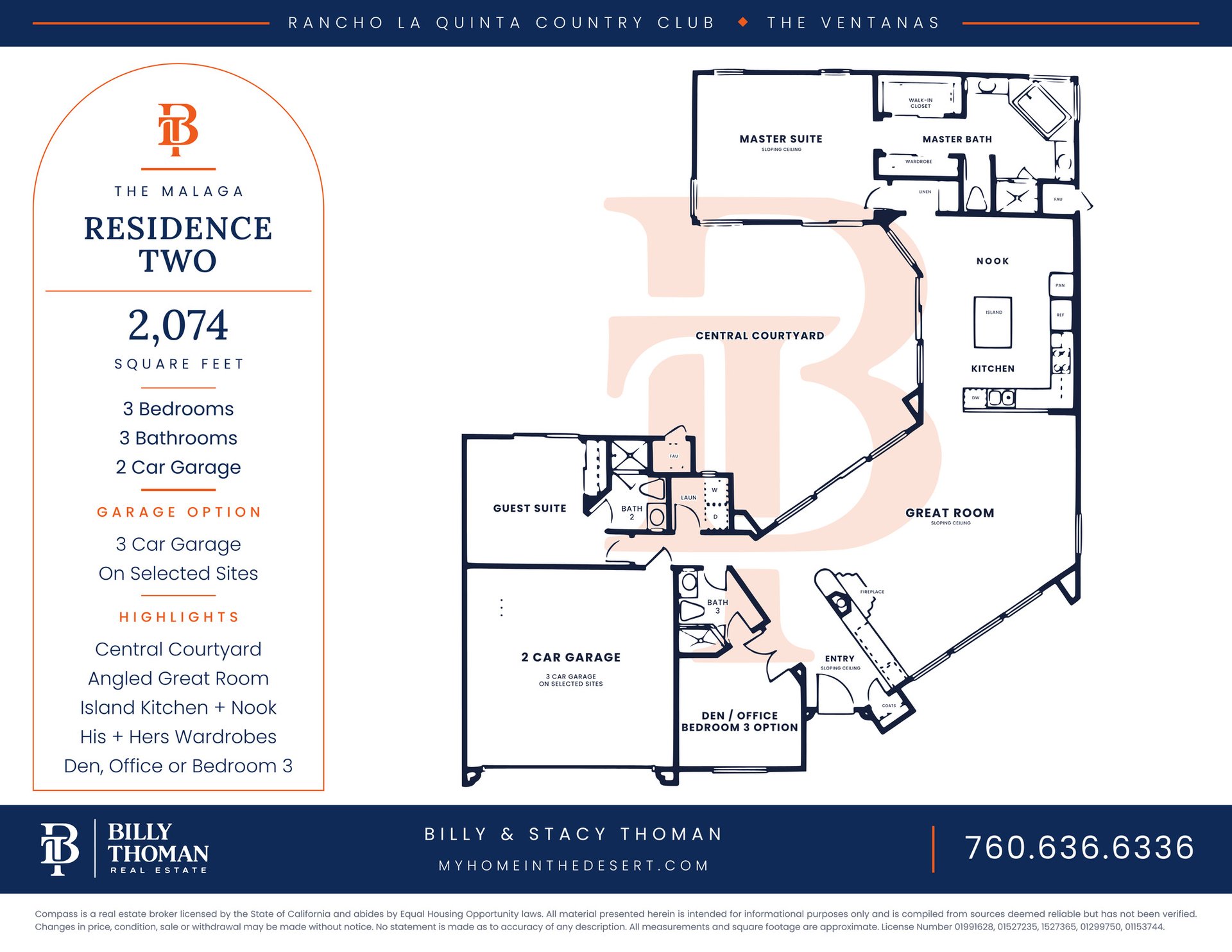 Rancho La Quinta Country Club Malaga Residence Two floor plan, 3 bedroom 3 bath 2,074 sq ft single story home with central courtyard
