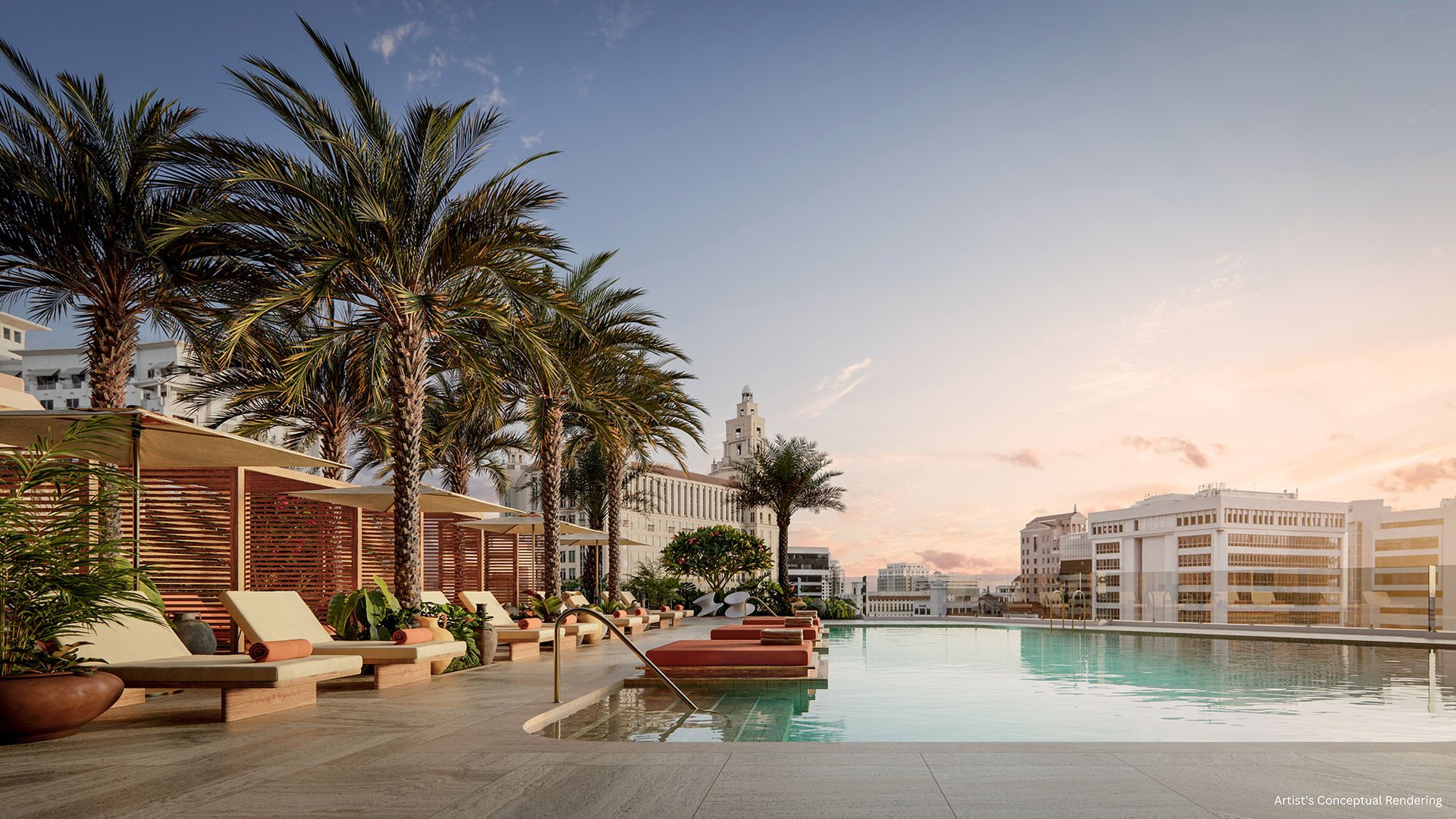 Rooftop pool with palm-shaded loungers and city skyline at sunset.