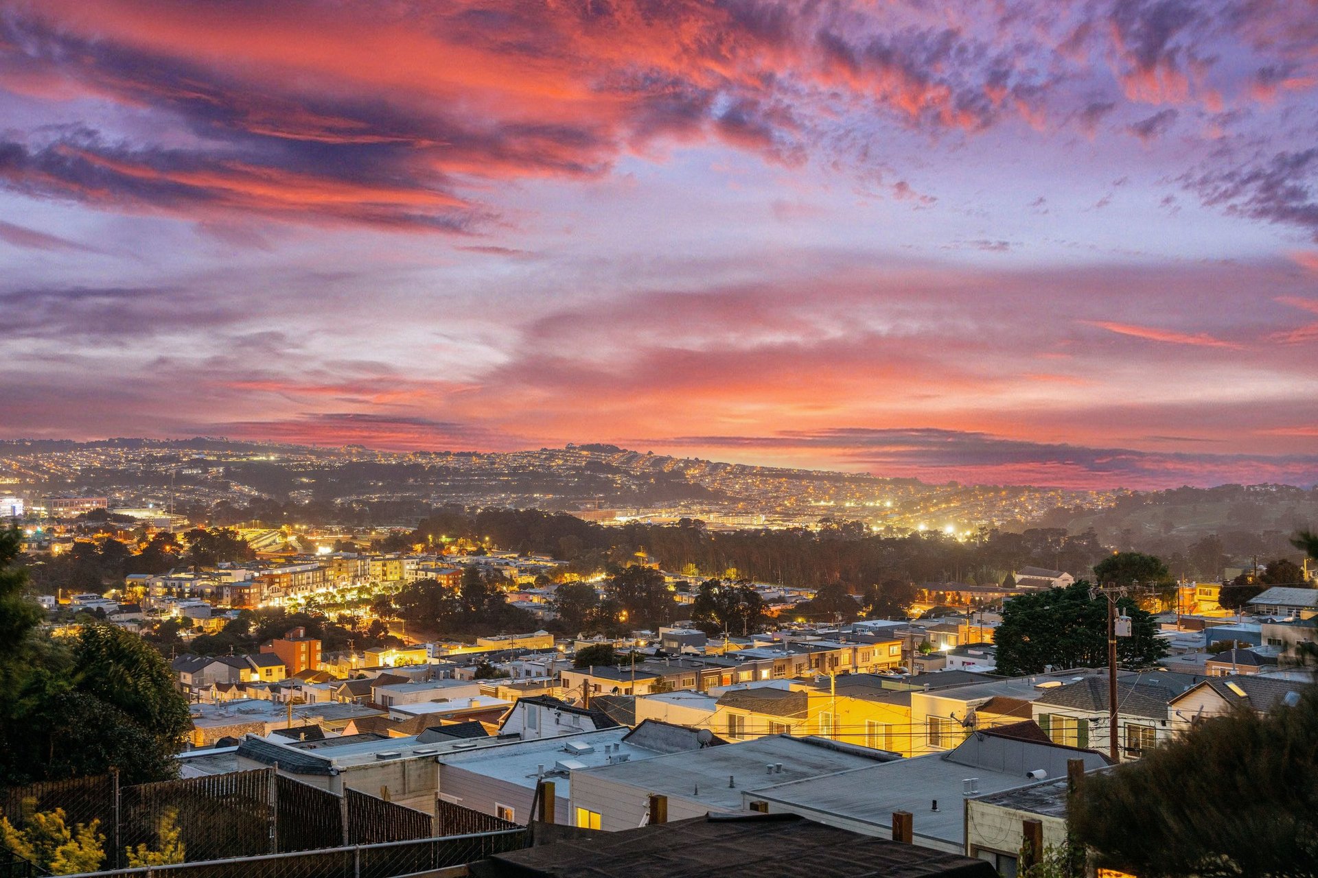 Twilight view south across the valley toward the Pacific from 15 Shields Street, Ingleside Heights, San Francisco