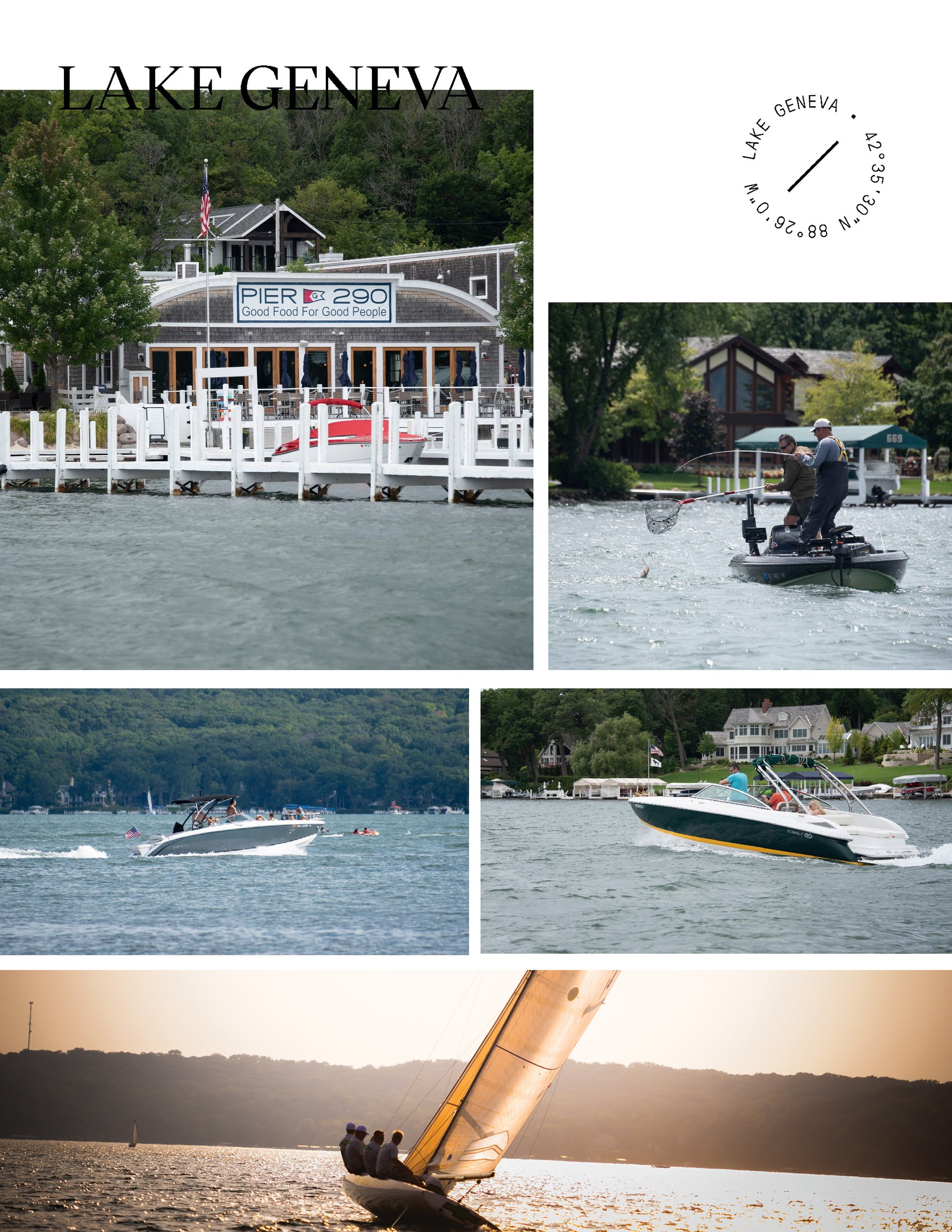 Lake Geneva boating, fishing, and sailing near the Pier 290 waterfront restaurant.