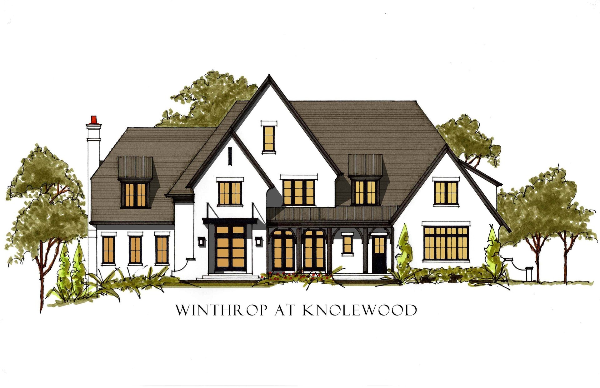 Illustrated white house with steep dark roofs, timber accents, and a covered porch.