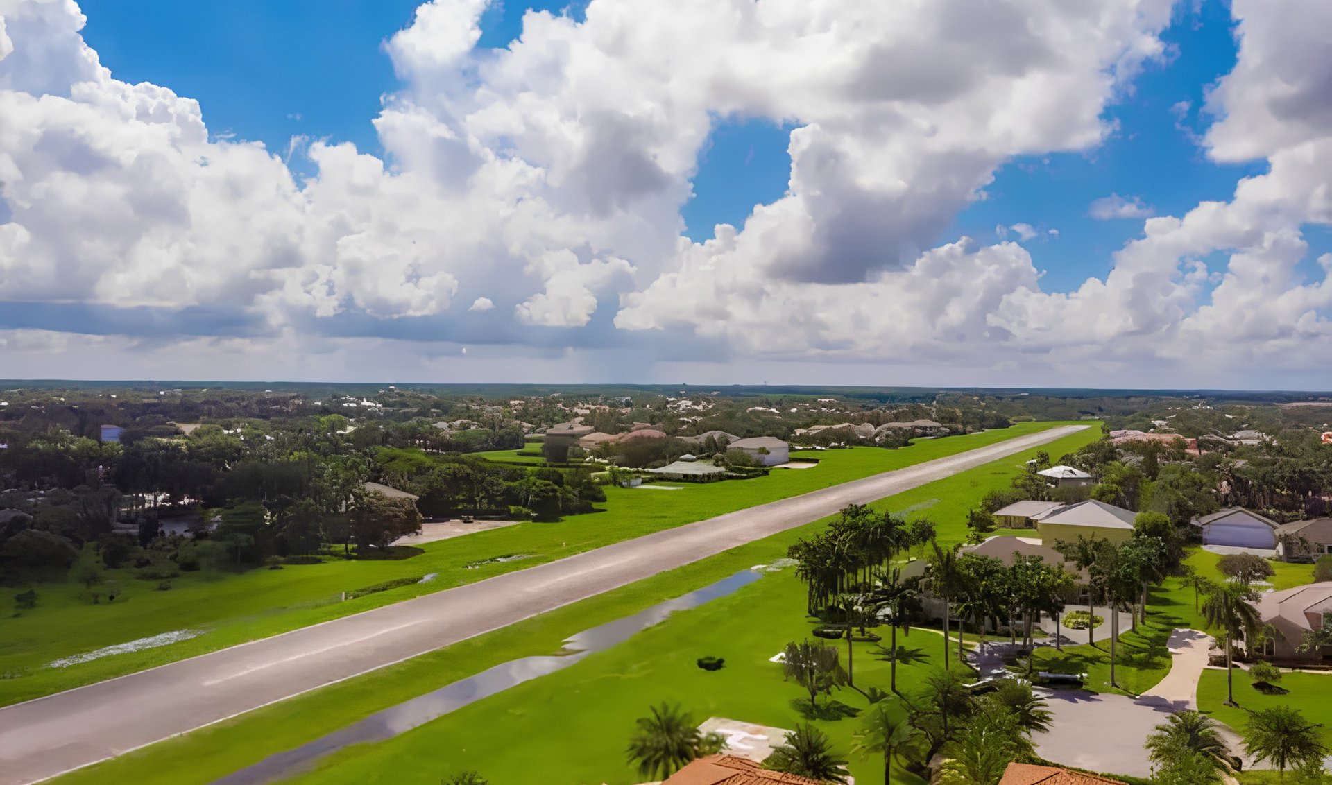 Aerial view of a green residential community with a broad road, scattered homes, and trees.