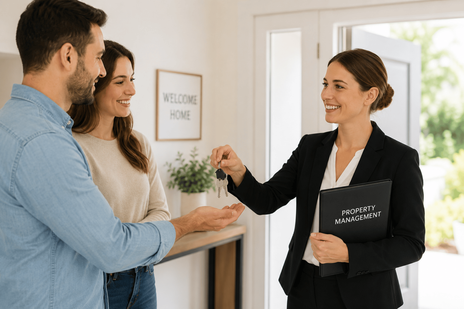 A property manager hands keys to a smiling couple inside their new home.