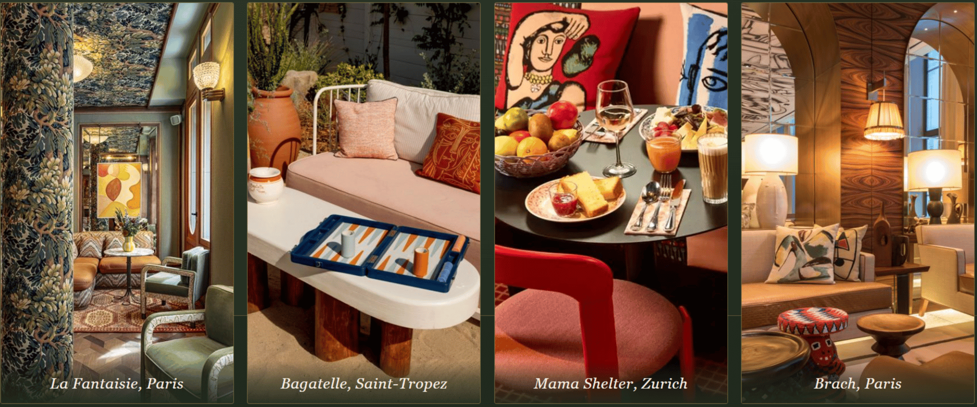Favorite European design destinations including La Fantaisie Paris, Bagatelle Saint-Tropez, Mama Shelter Zurich and Brach Paris