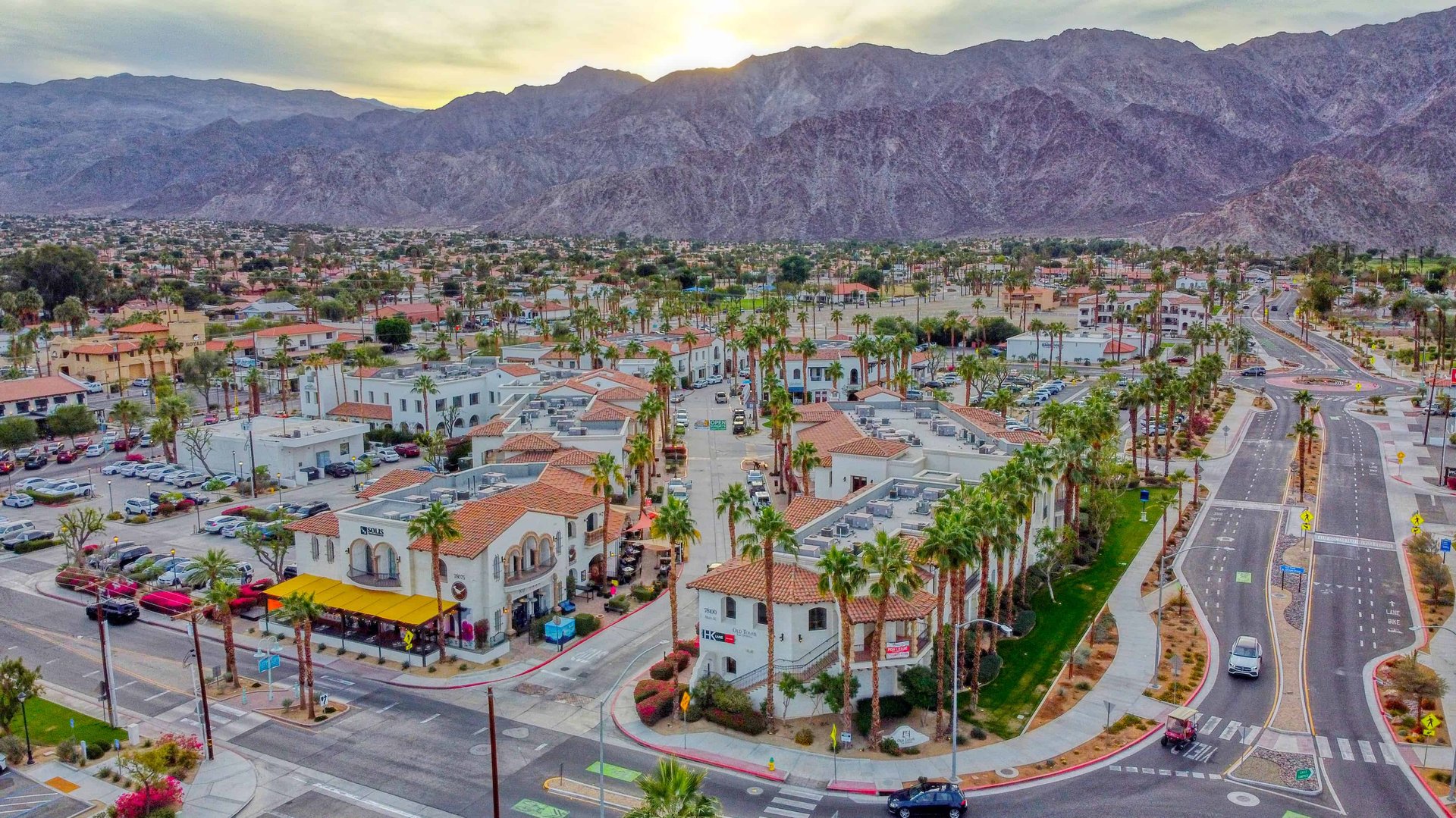 Old Town La Quinta and nearby roads beneath the Santa Rosa Mountains