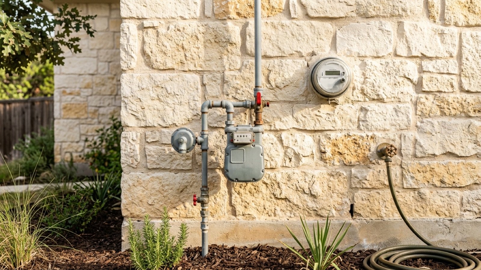 An electric meter on the stone wall of a Central Texas home, for setting up utilities
