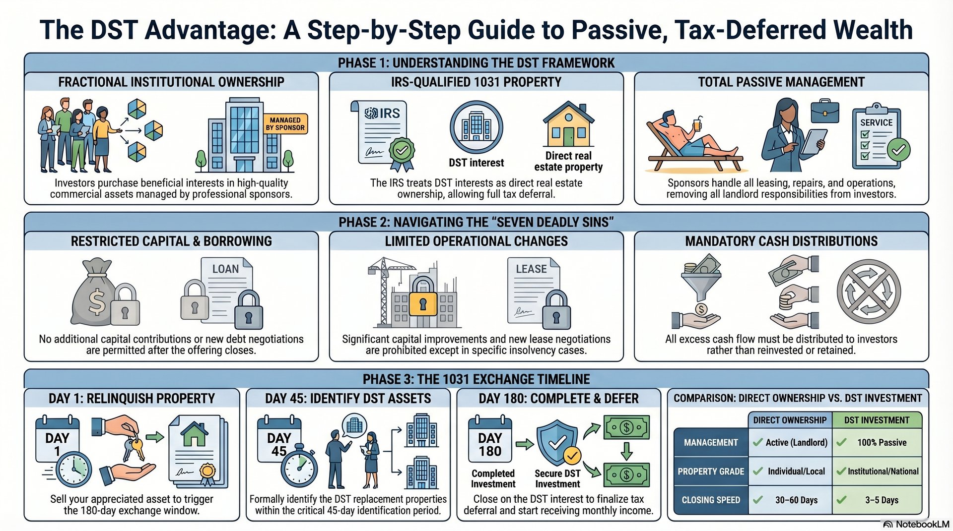 Delaware Statutory Trust (DST) structure diagram showing fractional beneficial ownership, professional sponsor management, and IRS eligibility for 1031 exchanges in 2026