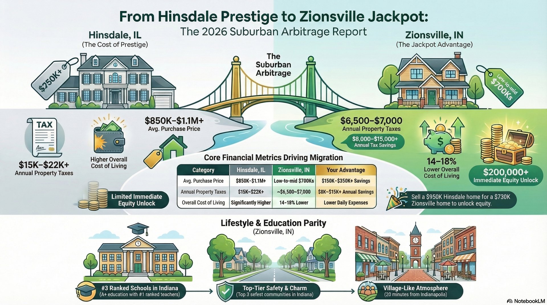 From Hinsdale Prestige to Zionsville Jackpot: 2026 Suburban Arbitrage Report infographic comparing home prices, property taxes, cost of living, equity unlock, and elite Zionsville schools versus Hinsdale, Illinois