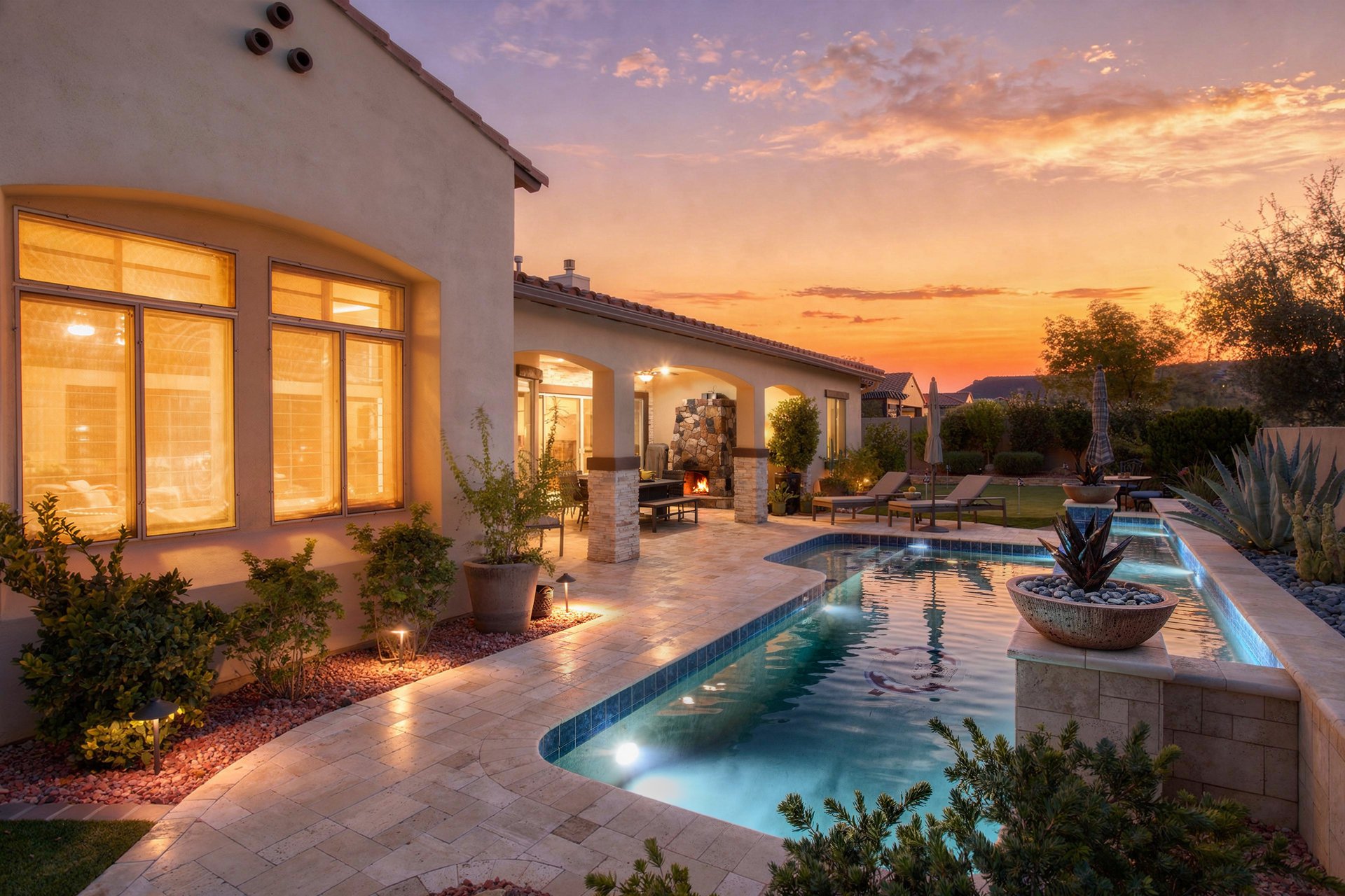 Luxury backyard patio with a swimming pool, outdoor fireplace, lounge chairs, and desert landscaping at sunset.