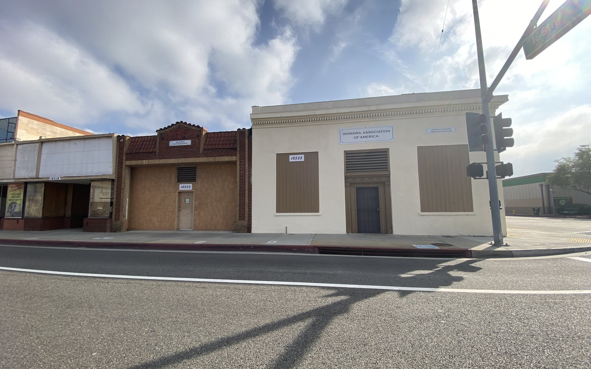 Gardena streetfront commercial buildings, photographed February 2024