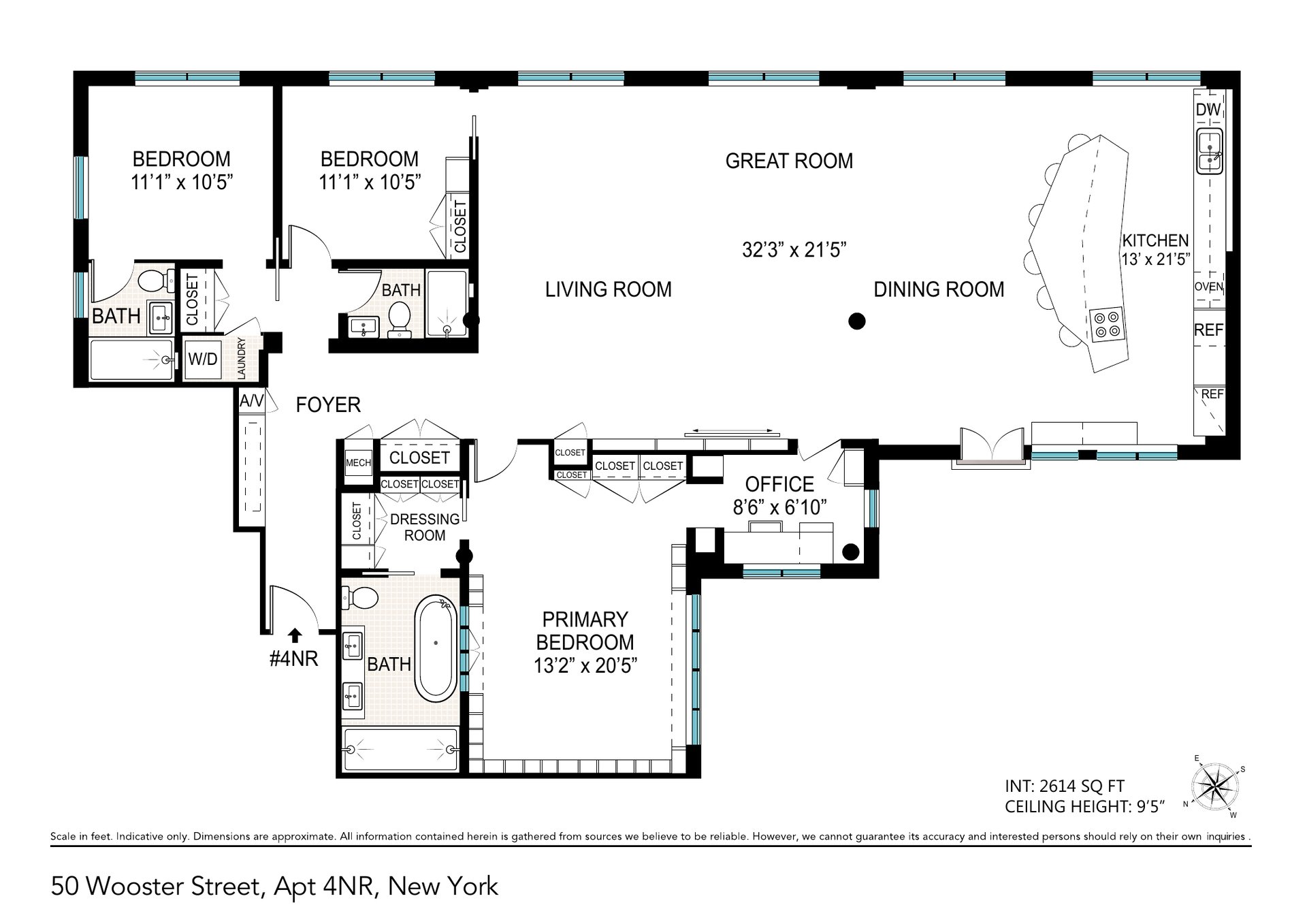 Floor plan of 50 Wooster Street 4NR, showing the great room, kitchen, three bedrooms, three bathrooms and separate office.
